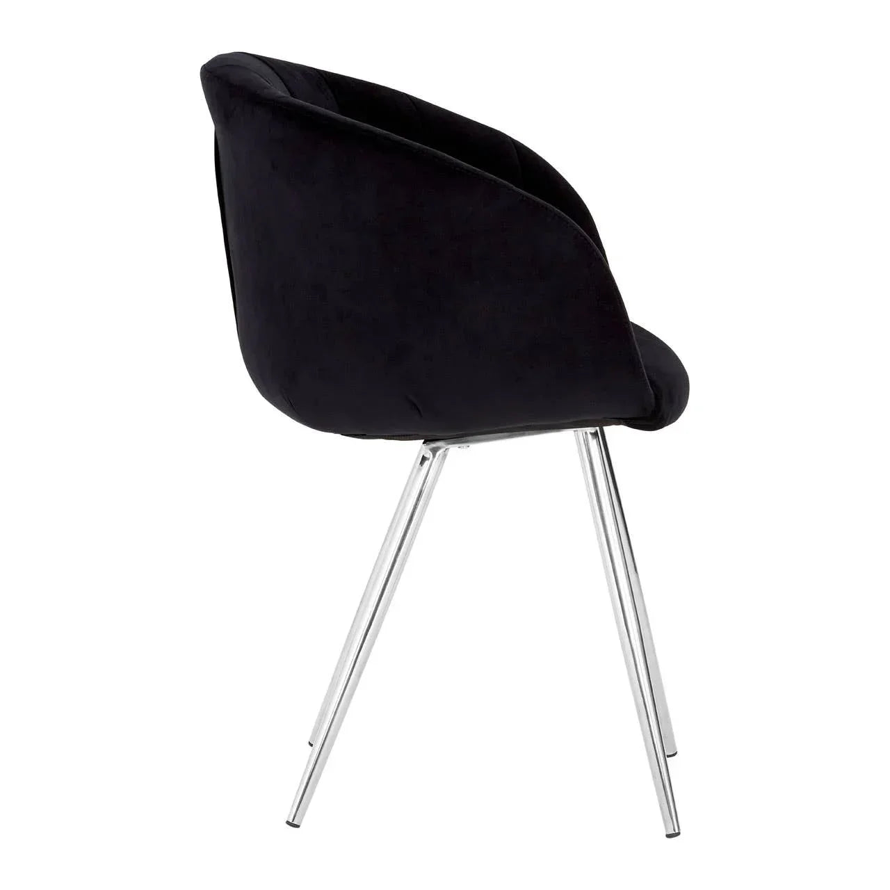 Black velvet dining chair with chrome legs, rear angle view