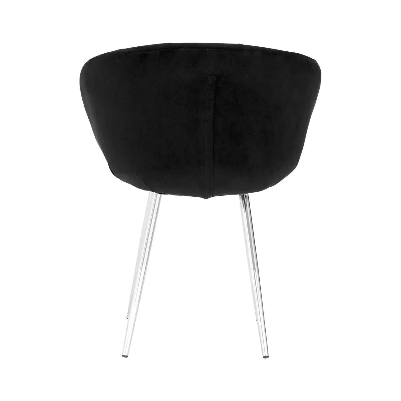 Black accent chair with curved backrest and chrome legs, rear view