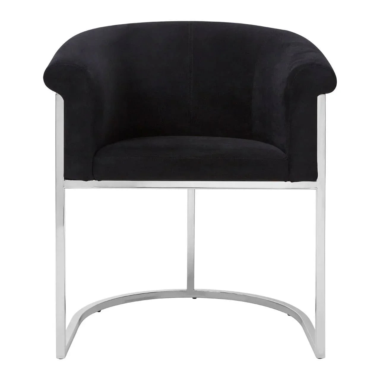 Black velvet armchair with chrome frame, barrel back design, front view