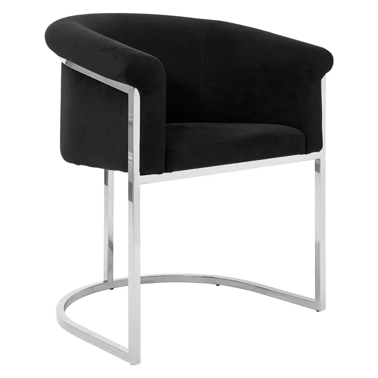 Black velvet accent chair with curved chrome frame and rounded backrest