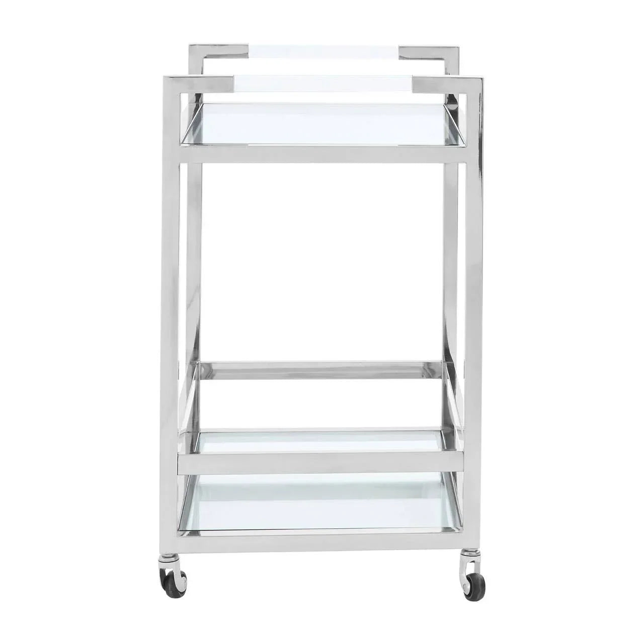 Chrome and glass drinks trolley with three shelves and castor wheels, front view