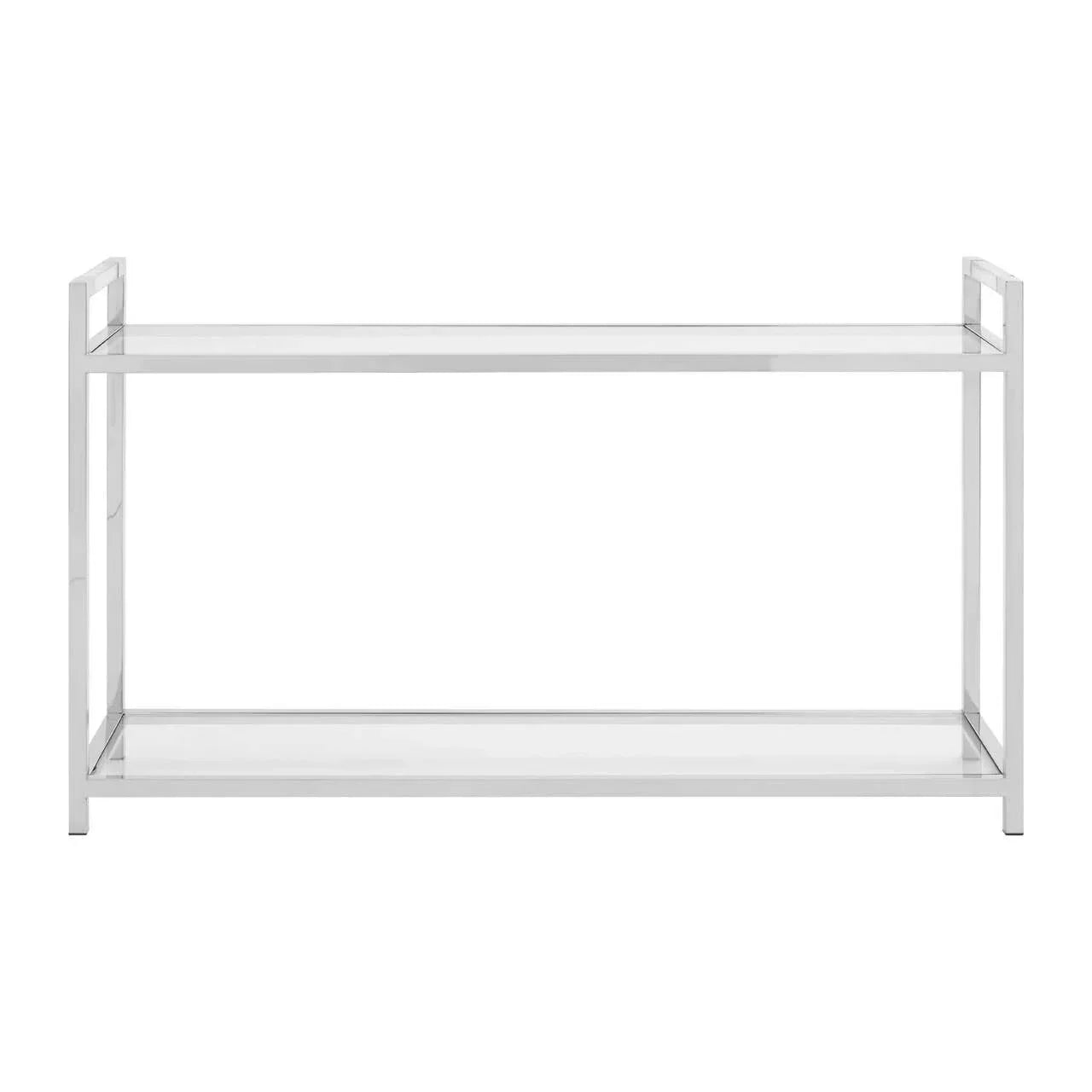Contemporary glass console table with chrome metal frame and open shelf, front view