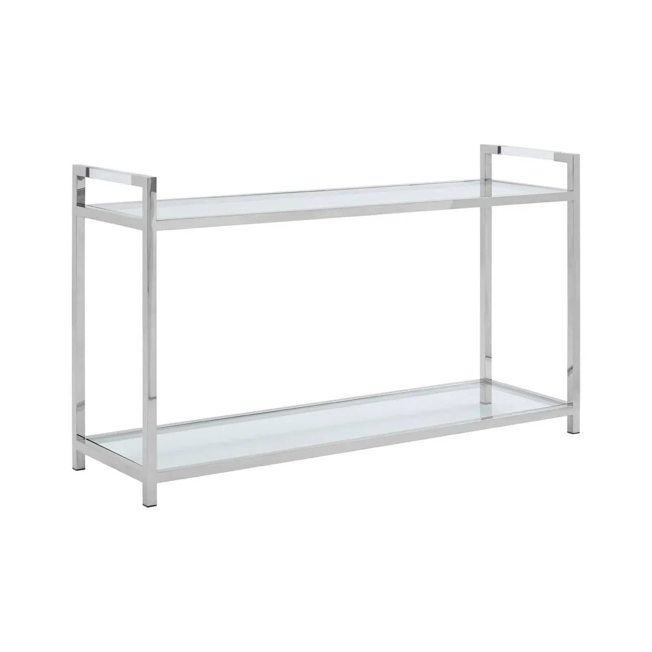 Chrome and glass console table with two shelves and open frame design