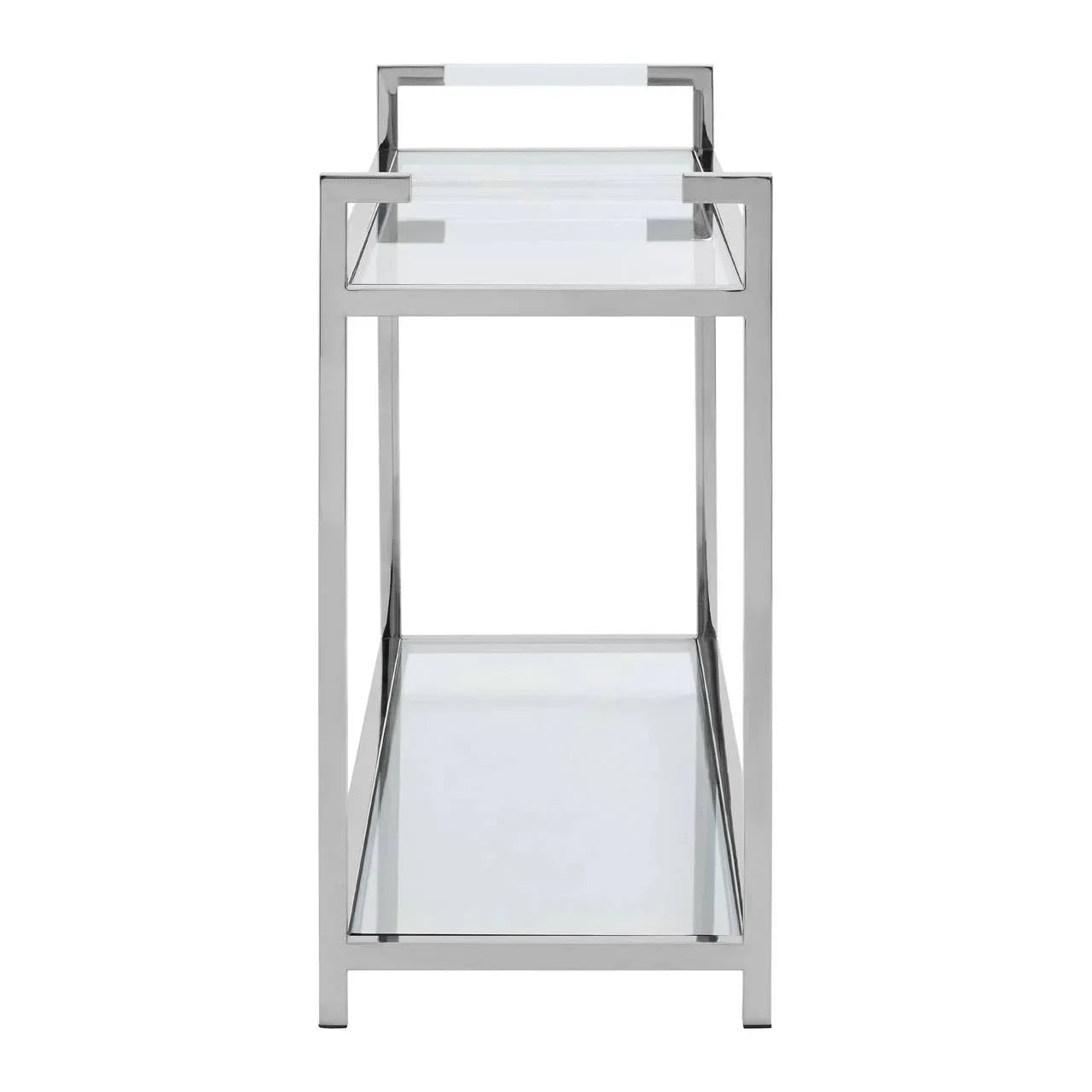 Chrome and glass side table with two shelves, shown from the narrow end view