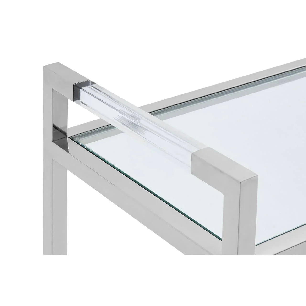 Glass side table with chrome metal frame and clear acrylic handle corner detail