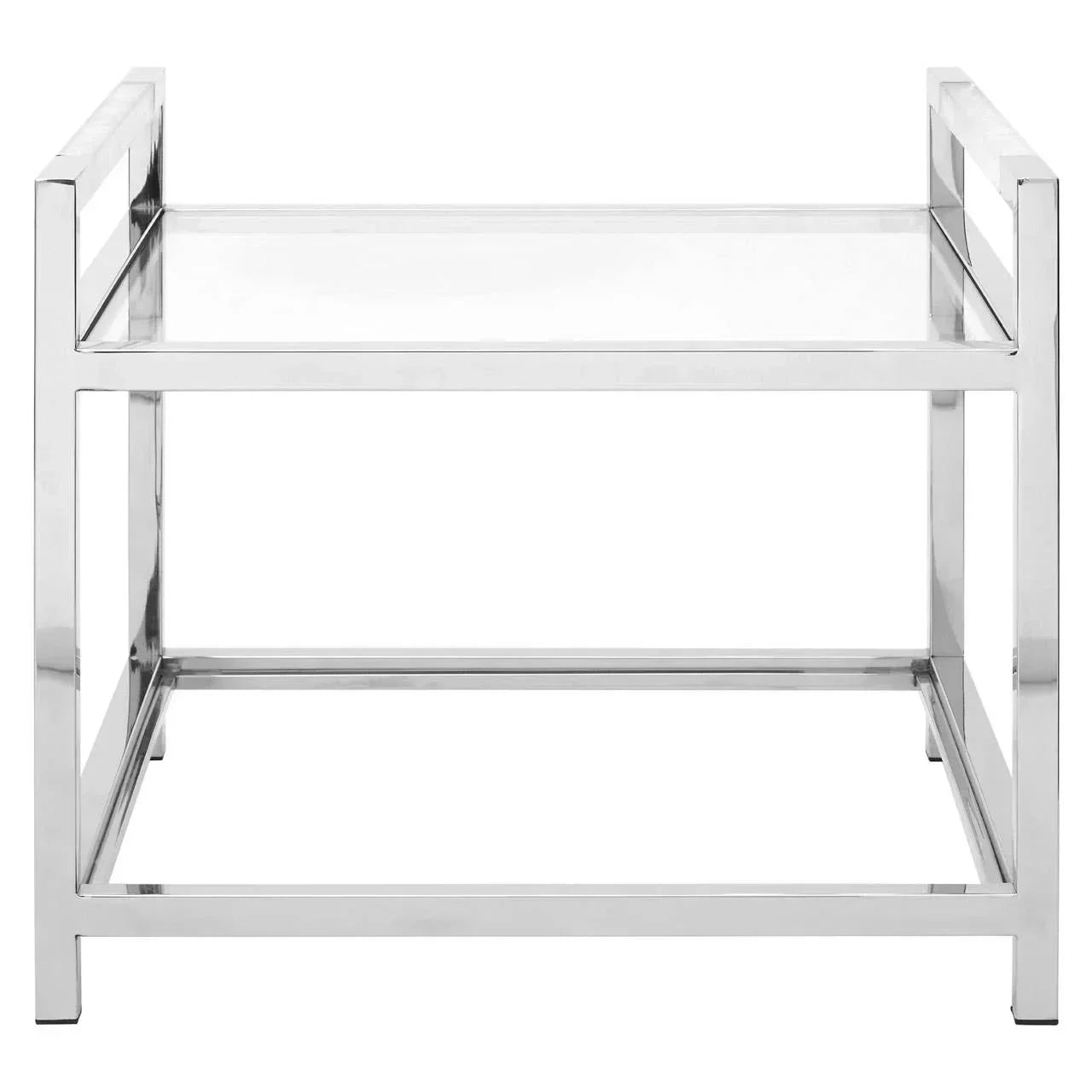 Modern glass side table with chrome metal frame, front view