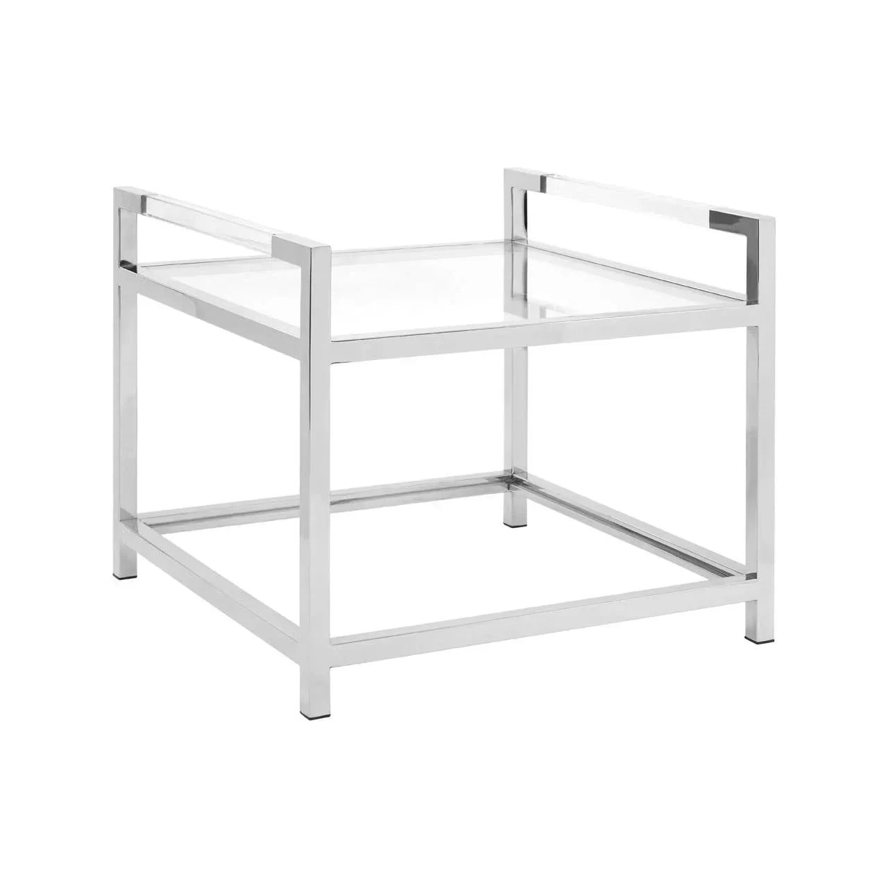 Square glass side table with chrome metal frame, modern minimalist design