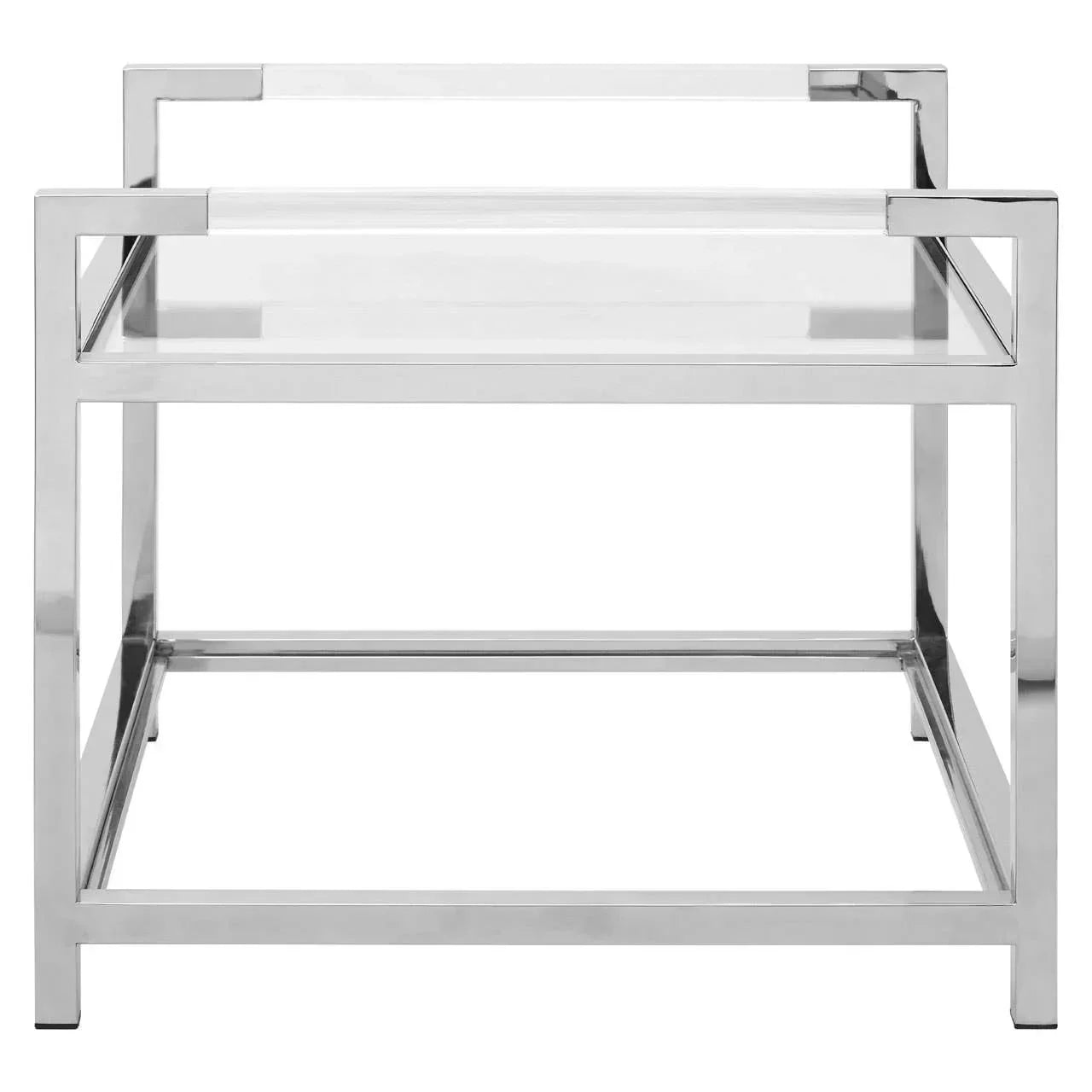 Chrome metal side table with clear glass top, modern square frame design, front view