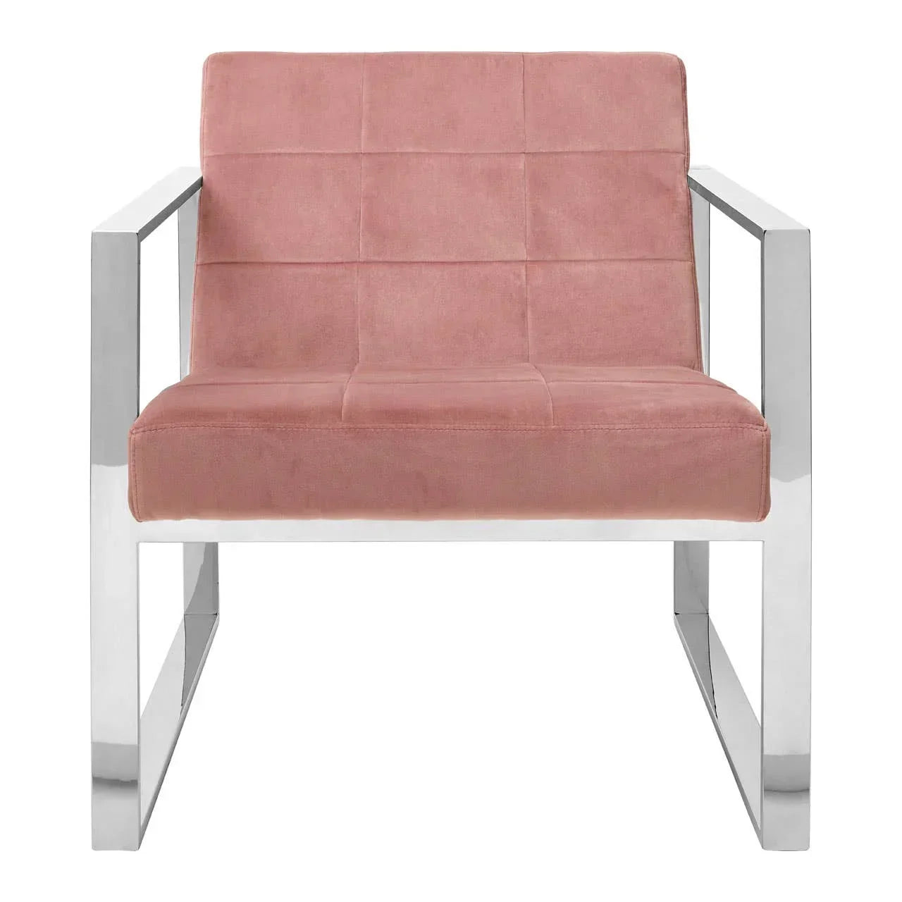 Pink velvet accent chair with square chrome legs, front view