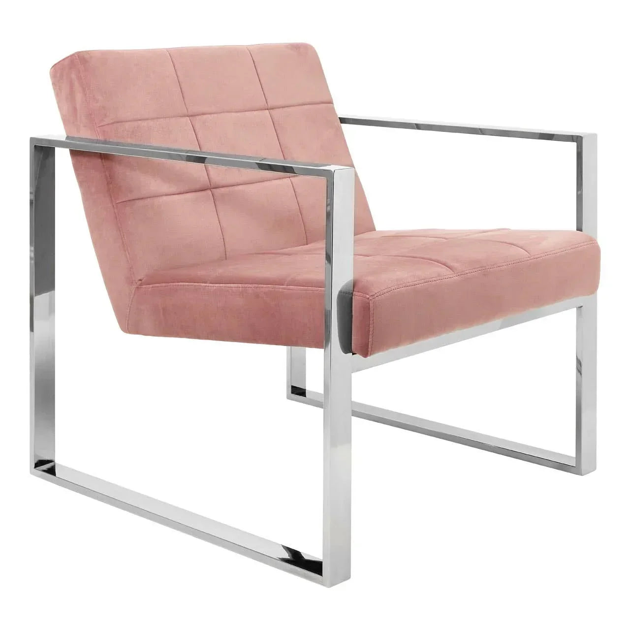Pink velvet accent chair with chrome metal frame and square stitching, side angle view