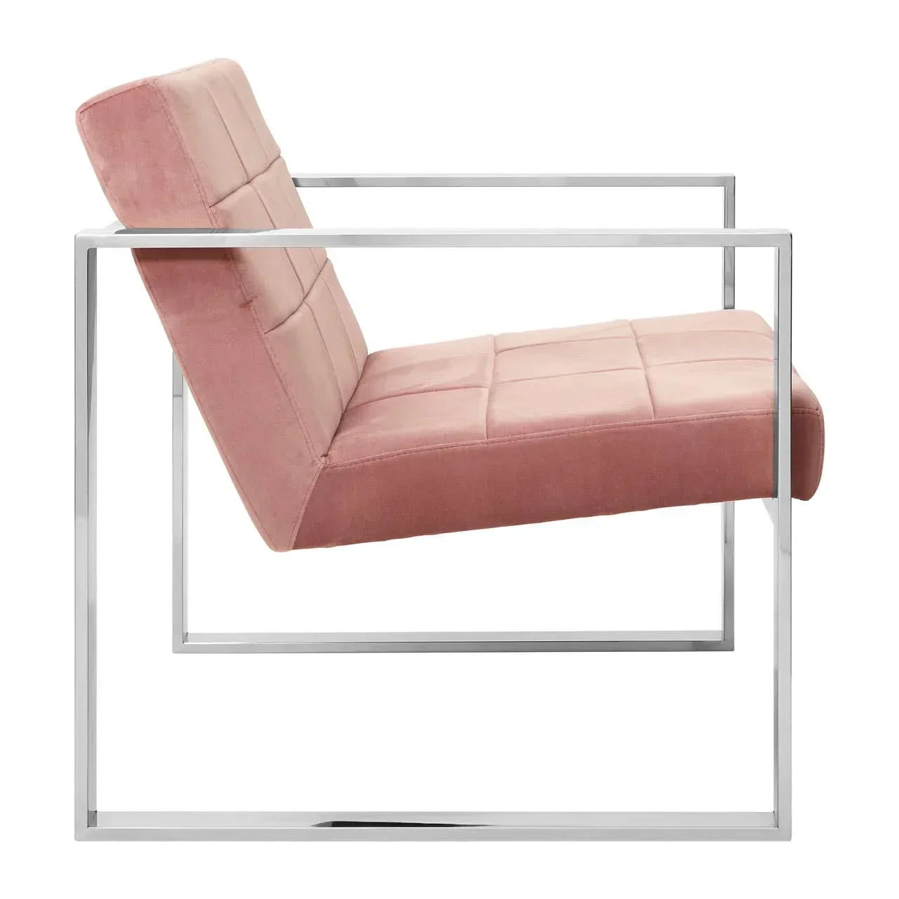 Pink velvet accent chair with chrome square metal frame, side profile view