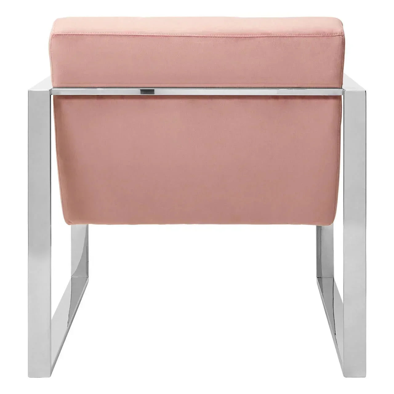 Blush pink velvet armchair with chrome legs viewed from the back