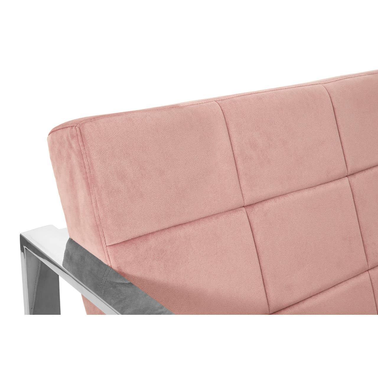 Blush pink fabric sofa backrest with grid stitching and chrome frame detail