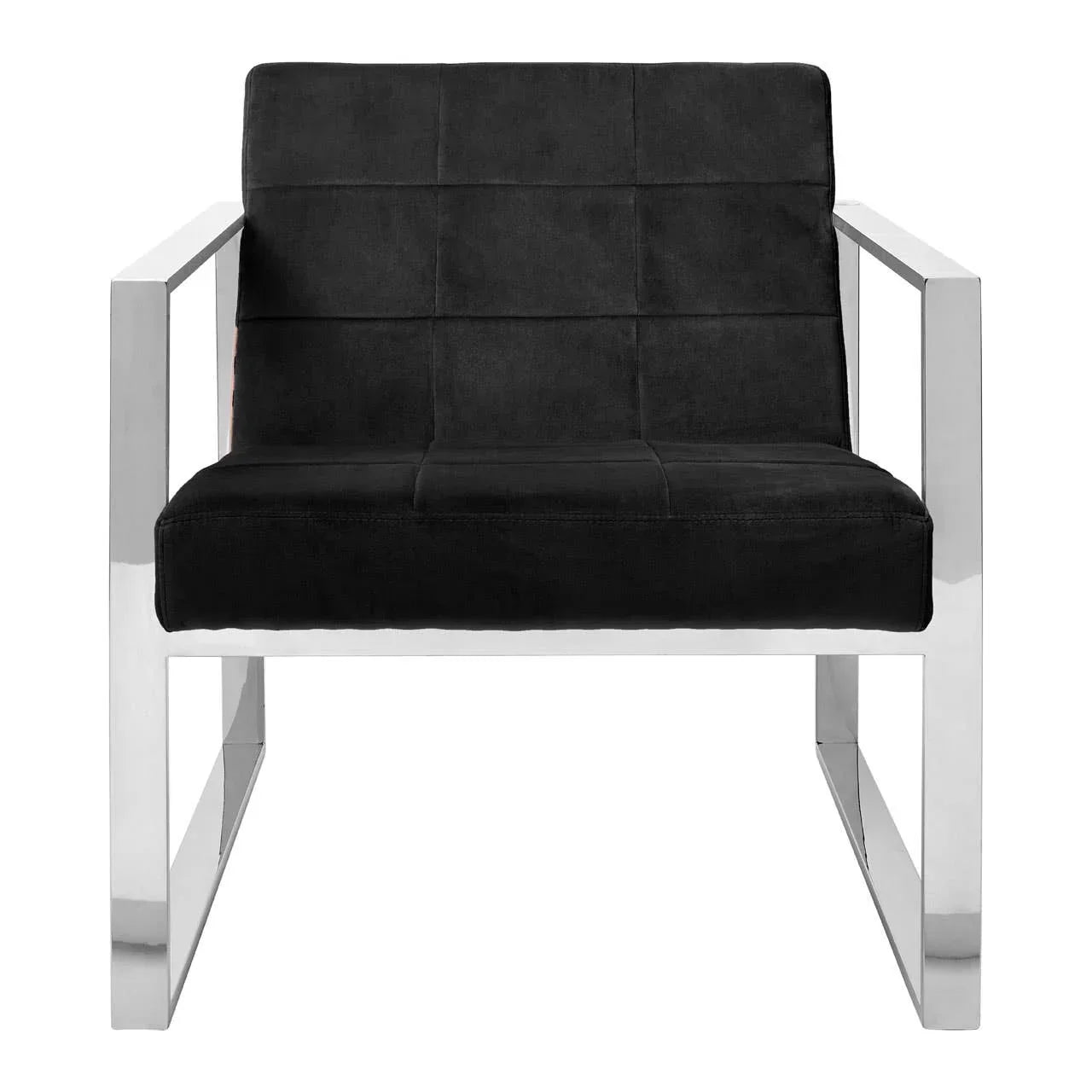 Black velvet armchair with chrome metal frame, front view