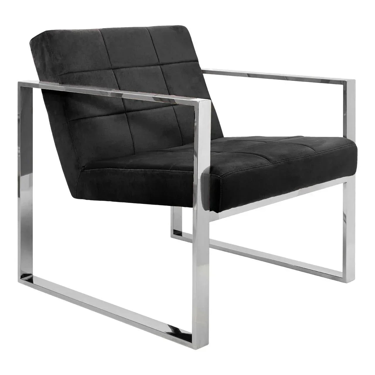 Black velvet accent chair with chrome frame and square stitched backrest