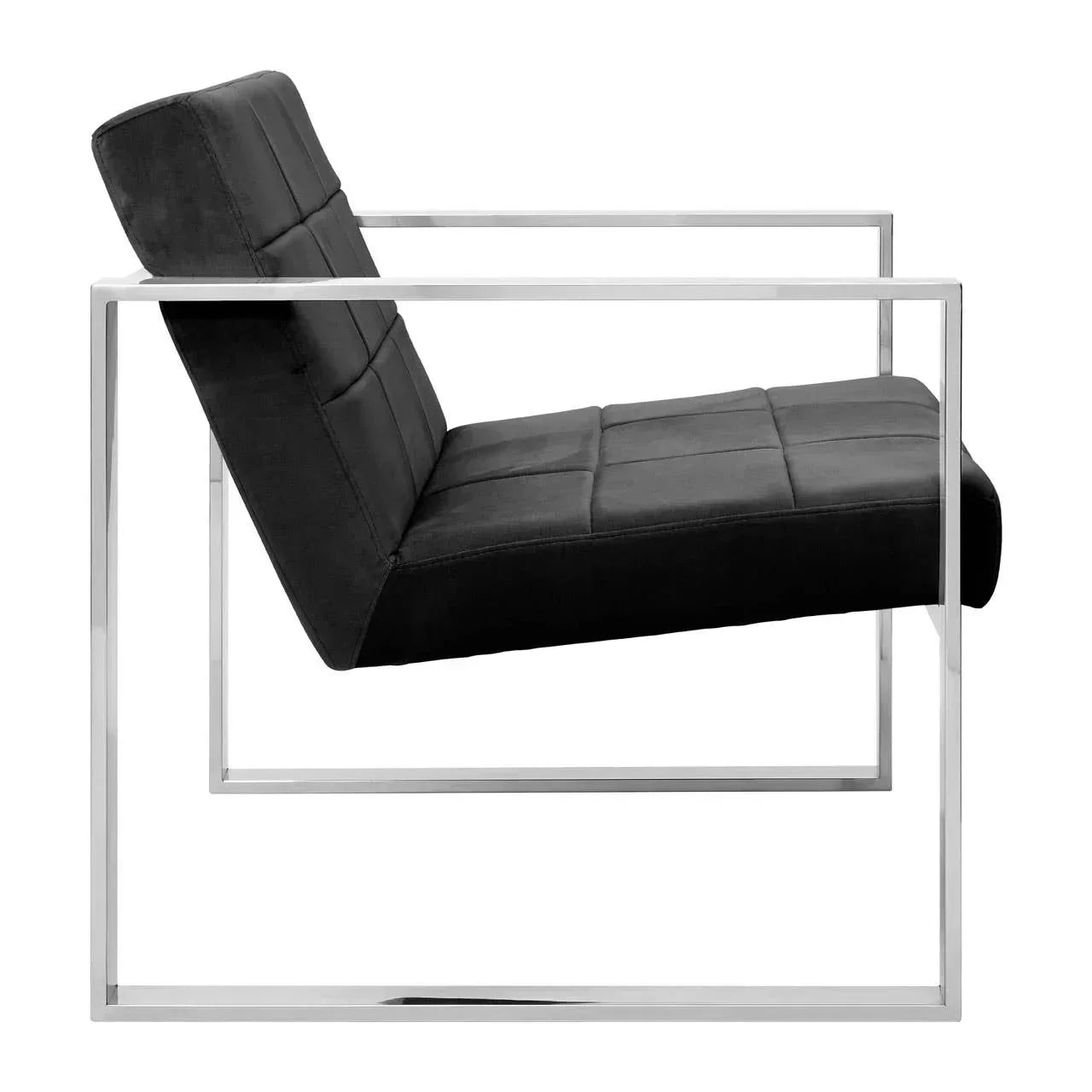 Modern black accent chair with chrome metal frame and tufted seat, side profile view