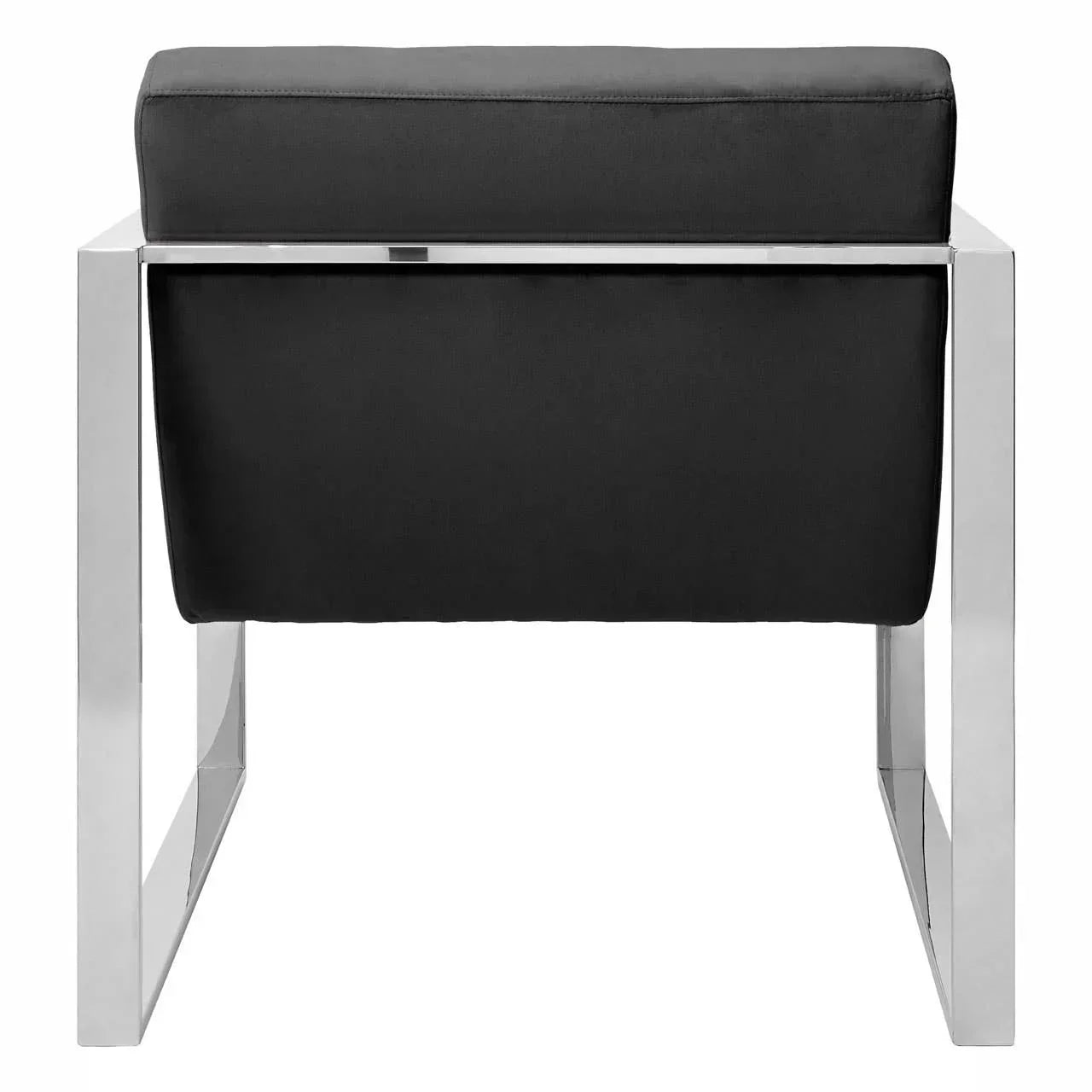 Modern black accent chair with chrome frame, rear view showing cushion and upholstery