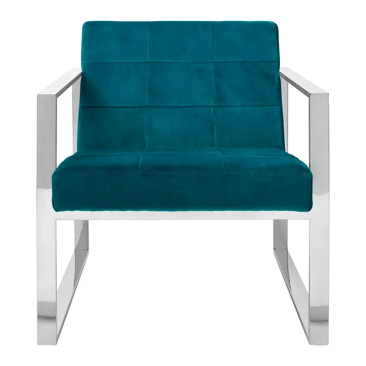 Teal velvet accent chair with square chrome metal frame and grid-stitched seat, front view