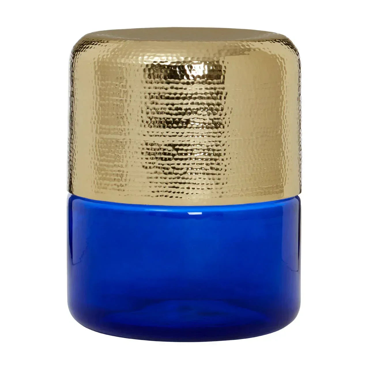 Blue glass storage jar with textured gold metal lid for home decor or kitchen storage