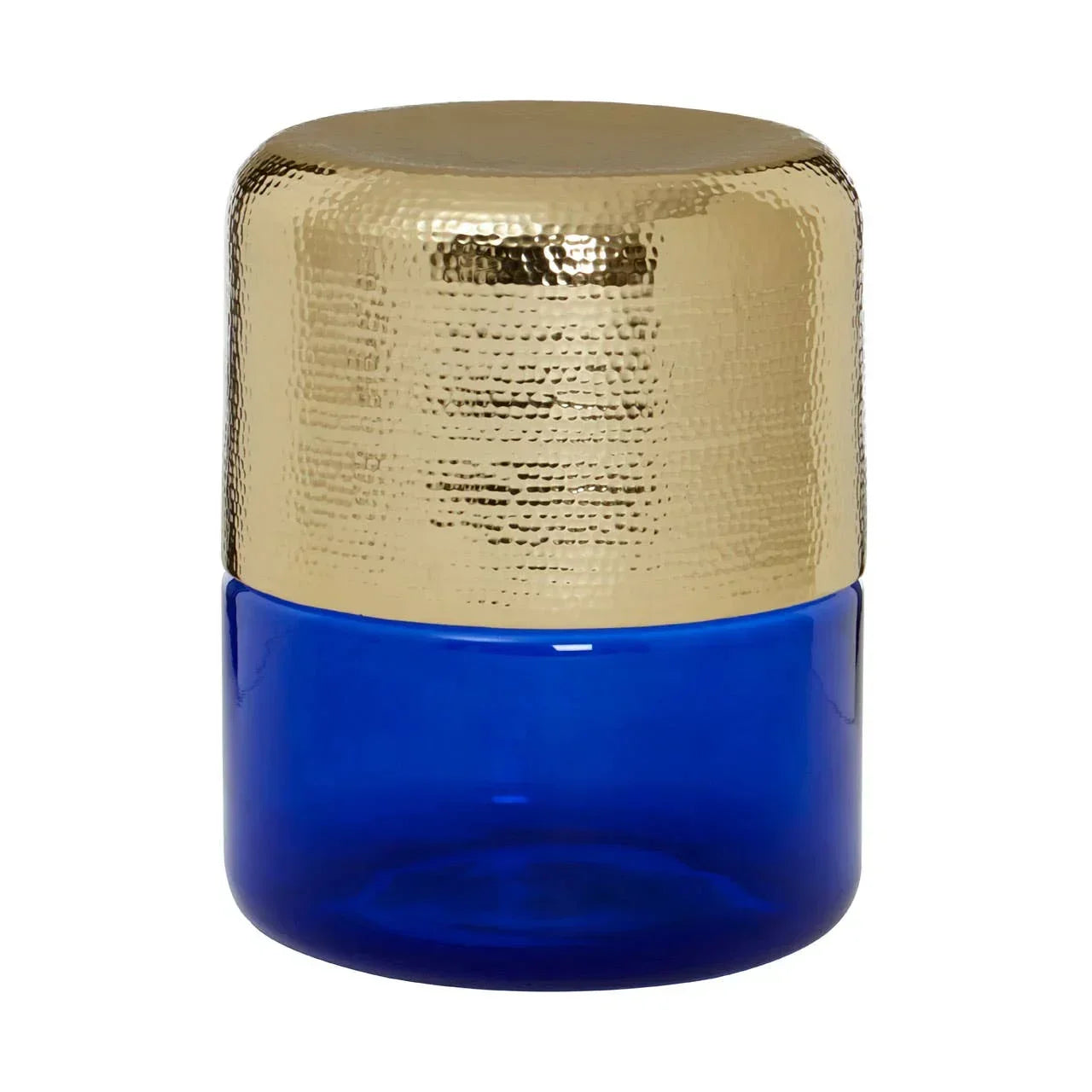 Blue glass storage jar with textured gold metal lid