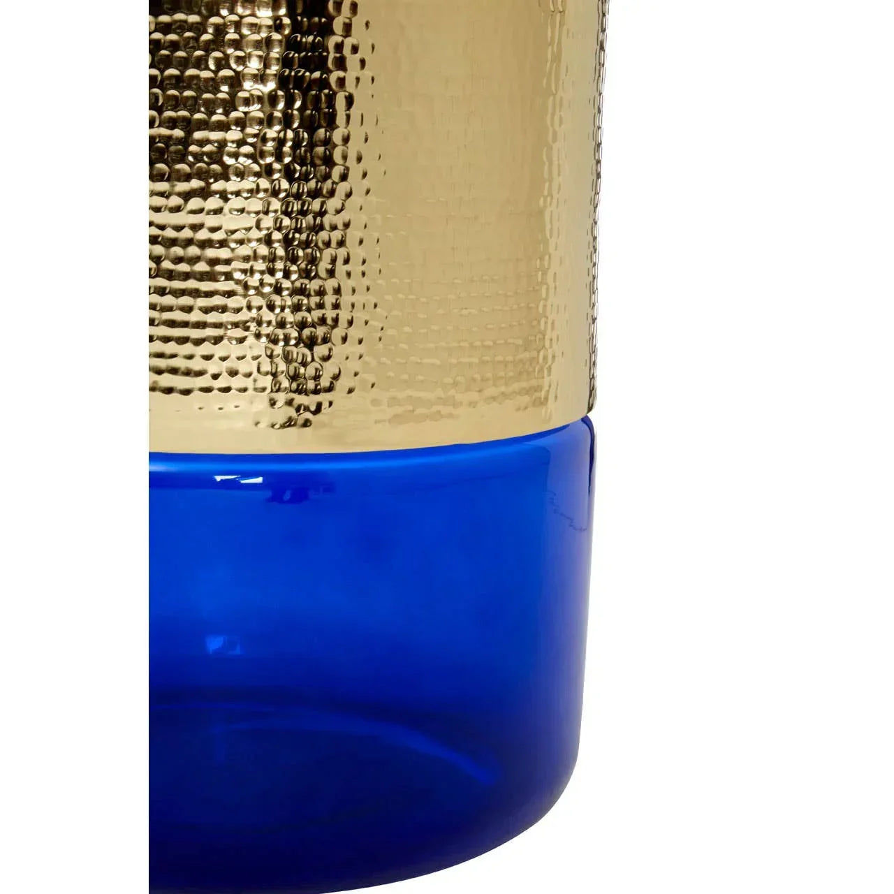 blue glass vase with gold hammered metal top section close view