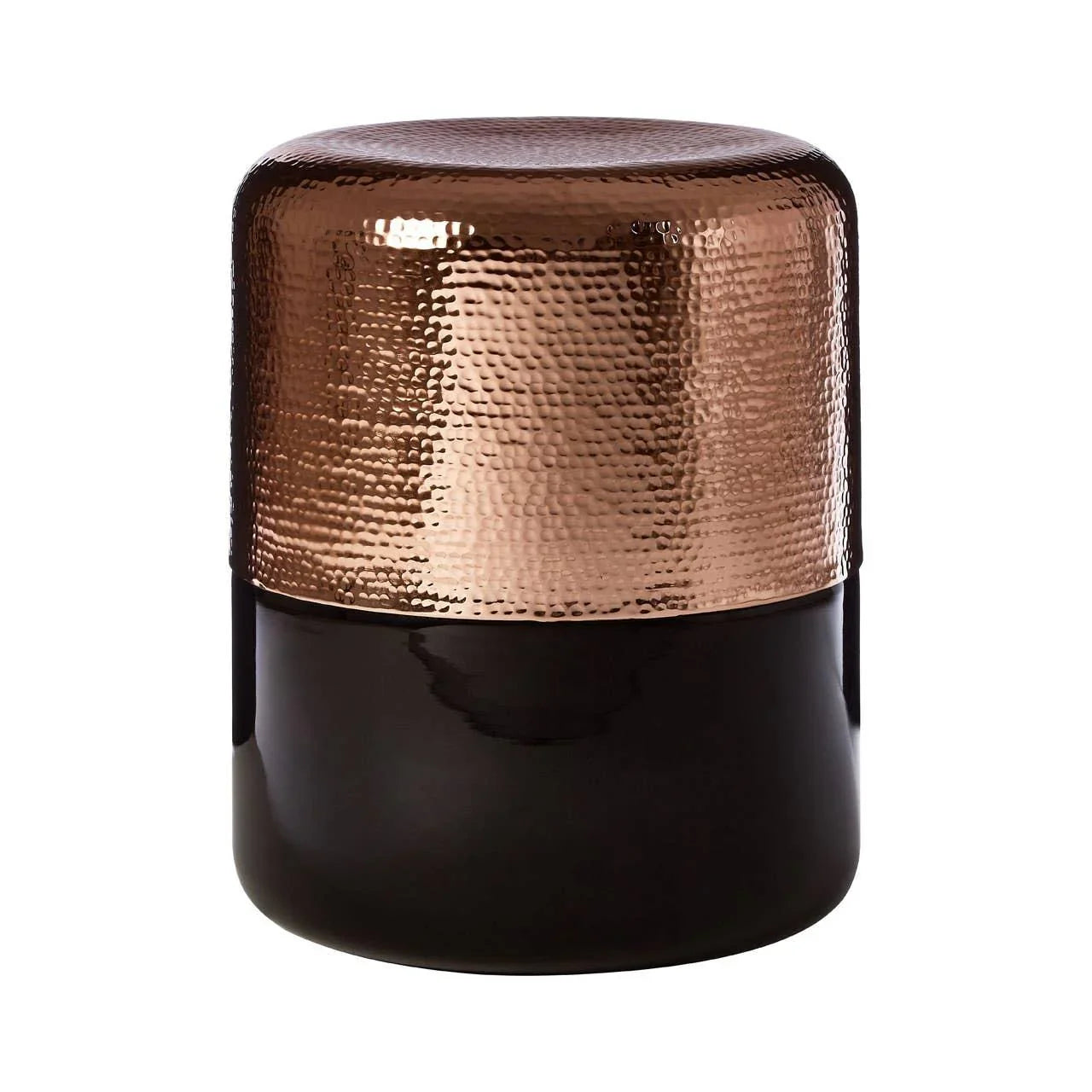 Copper and black hammered metal side table with round shape and glossy finish