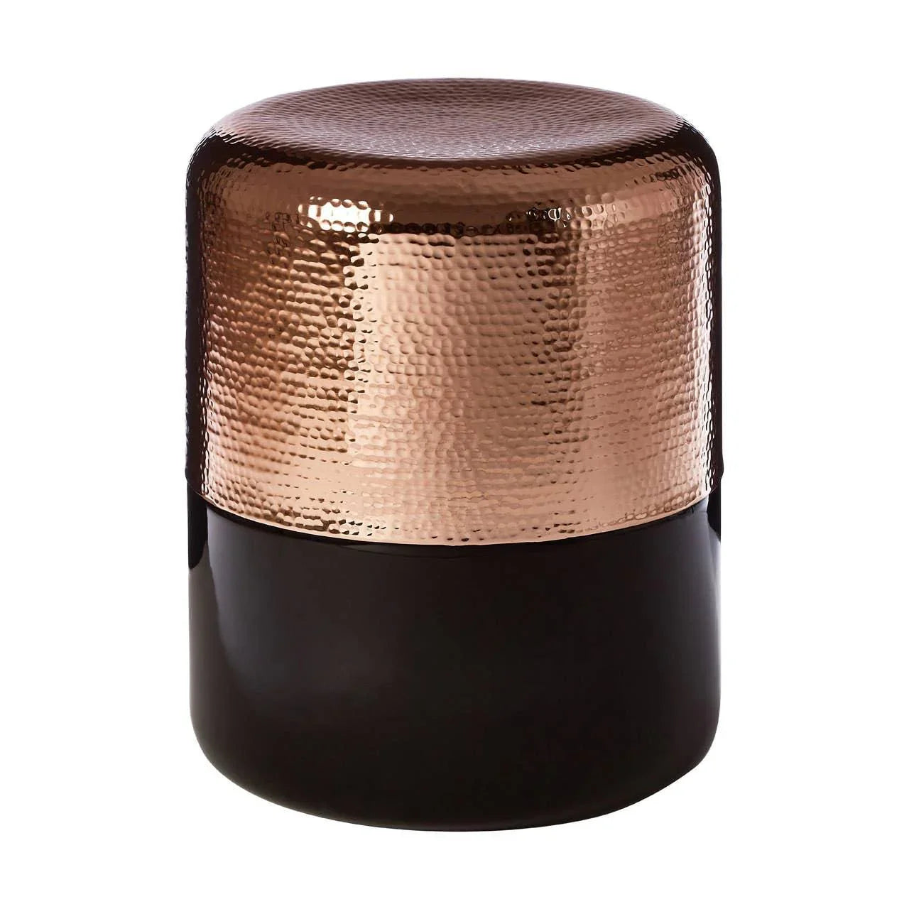 Copper hammered metal stool with black base, modern furniture accent piece