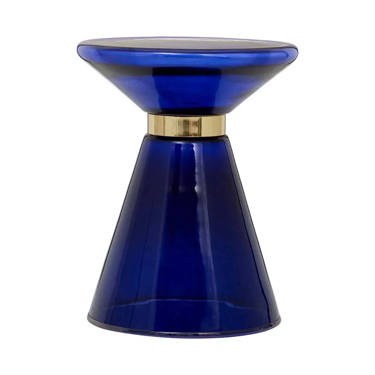 Blue glass accent table with gold band, contemporary hourglass shape, front angle view