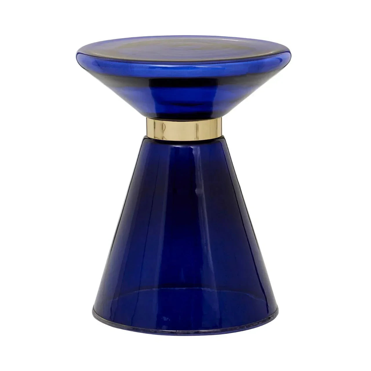 Blue glass side table with gold accent and round top on white background