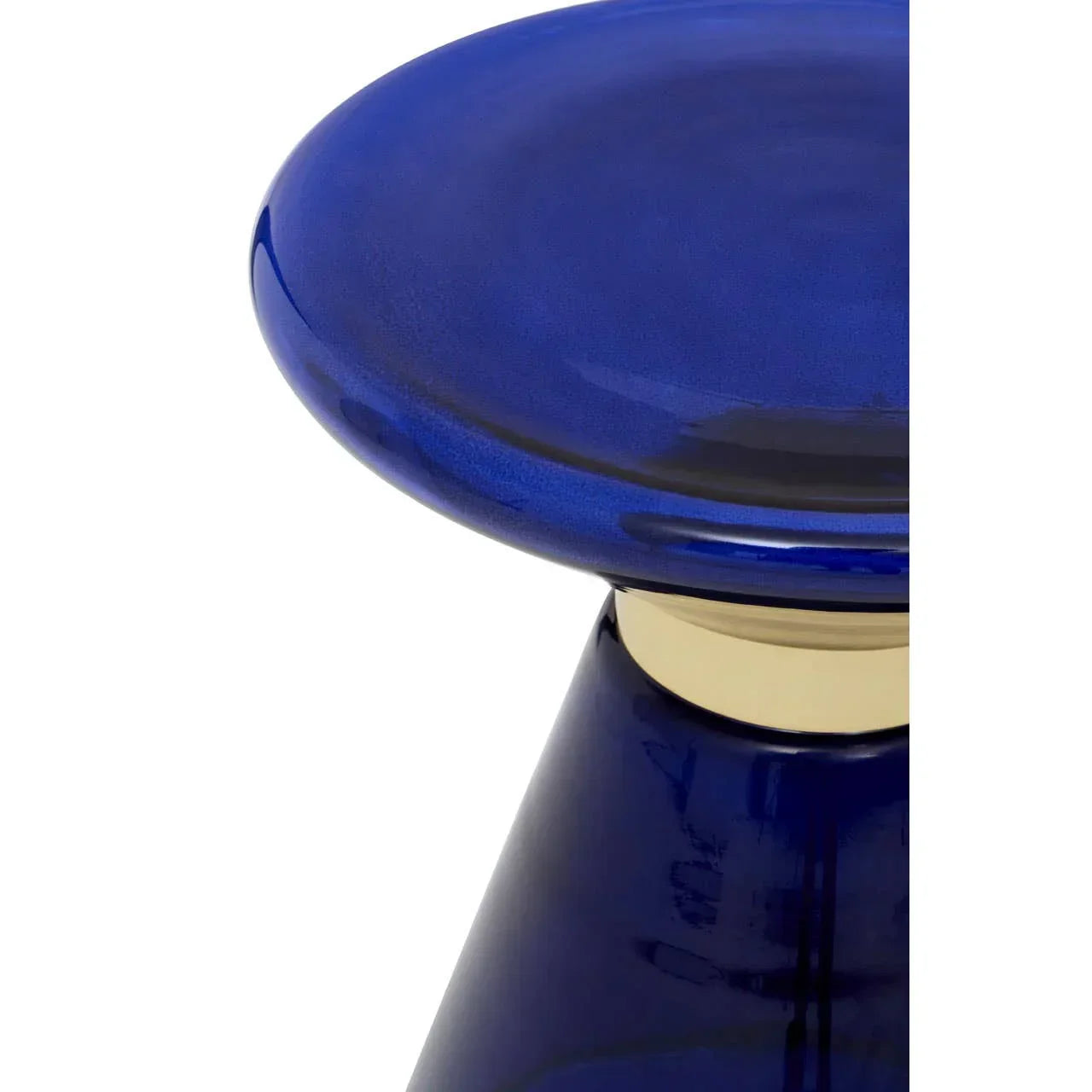 Blue glass side table with round top and gold accent, close-up view of tabletop and base