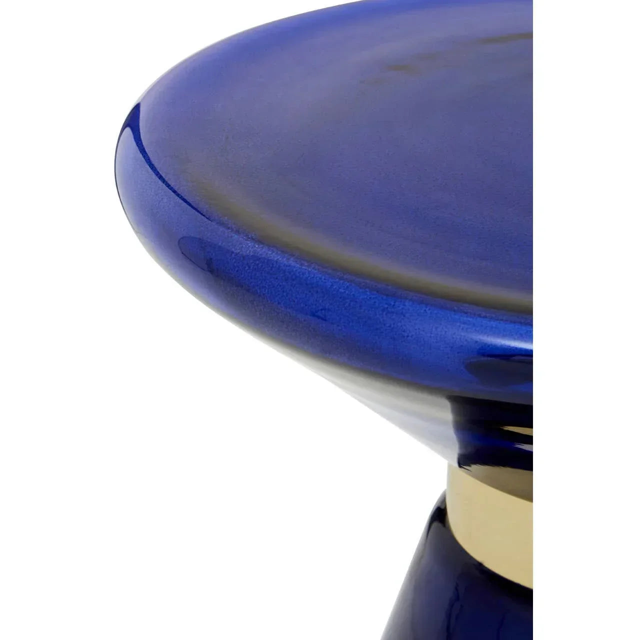 Close-up of glossy blue ceramic side table top with gold accent band