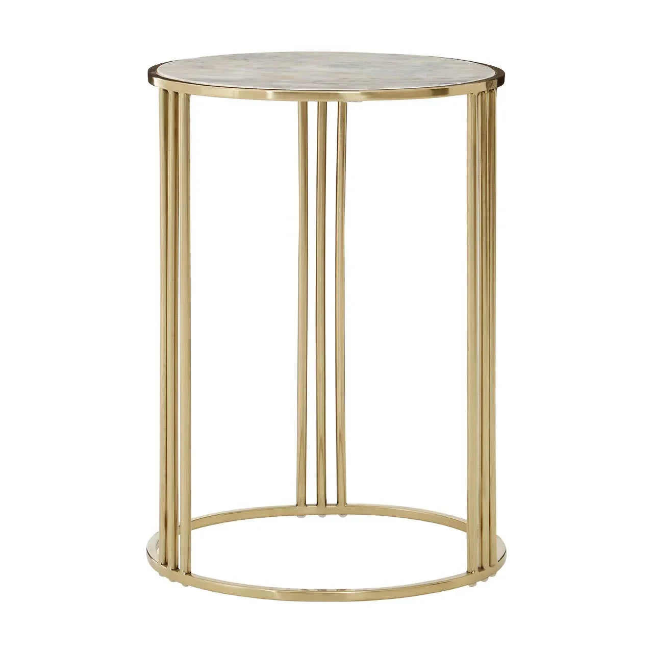 Round marble top side table with gold metal frame on white background