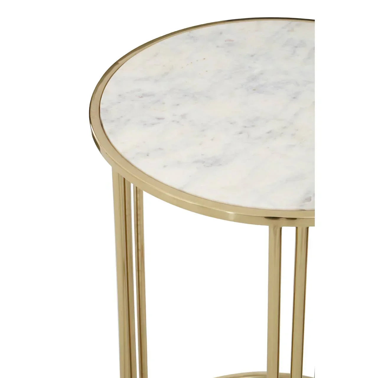 Round marble top side table with gold metal frame, partial close-up view