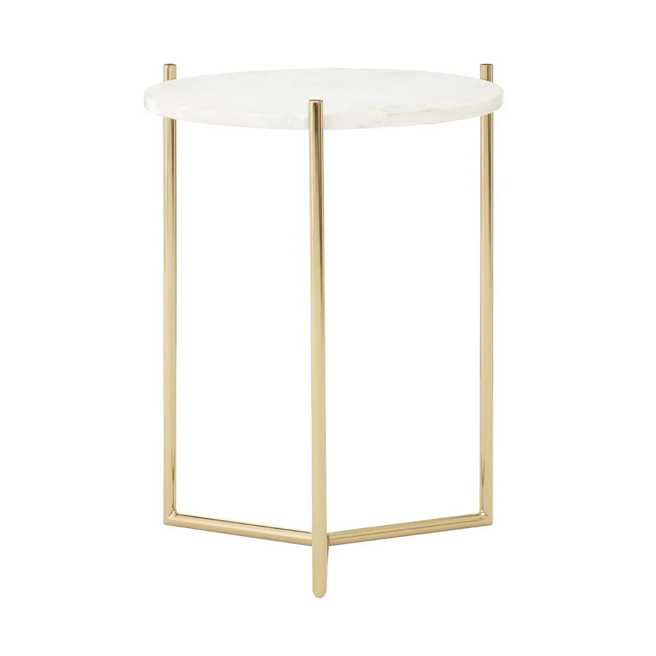 Round side table with white marble top and gold metal legs