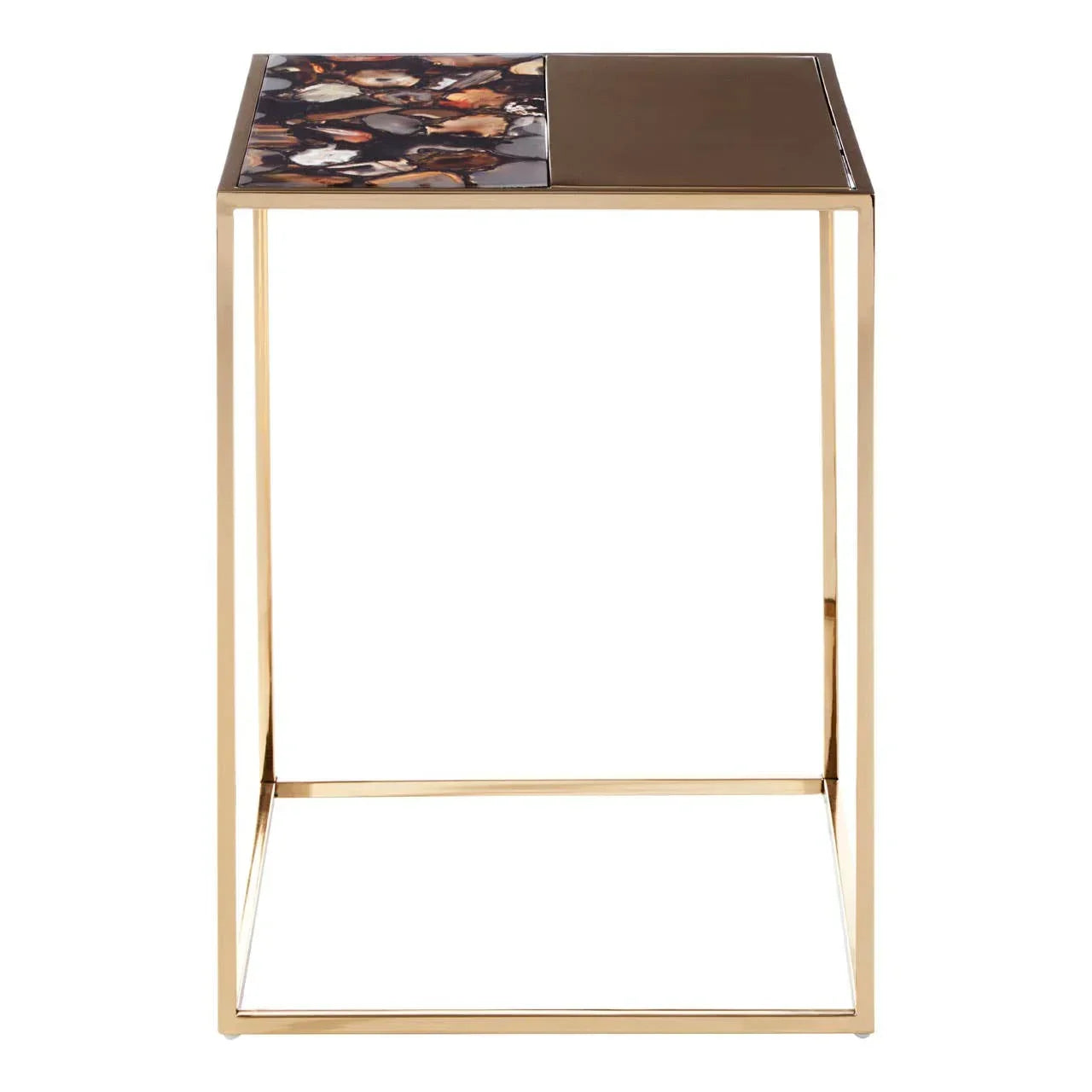 Gold frame side table with marble and brown glass top, modern square accent furniture