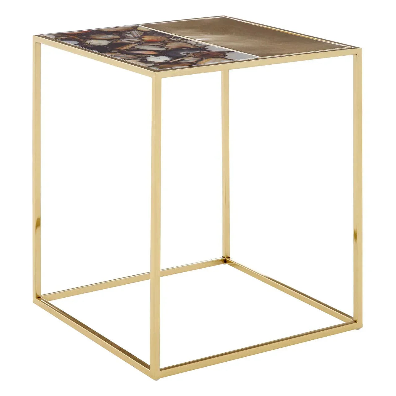 Modern gold metal side table with agate and glass top, geometric open frame design