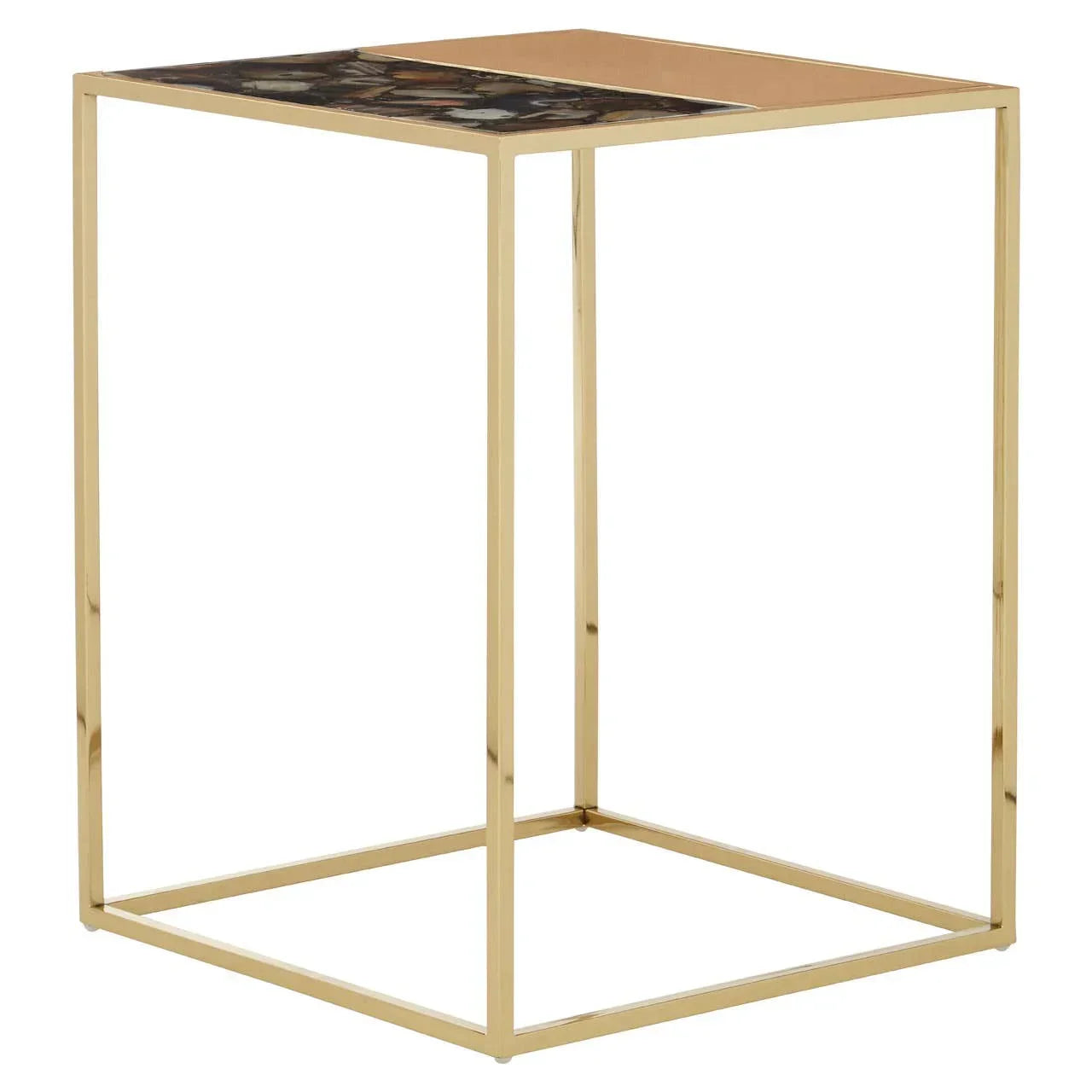 Modern gold metal side table with square top featuring half marble and half glass design