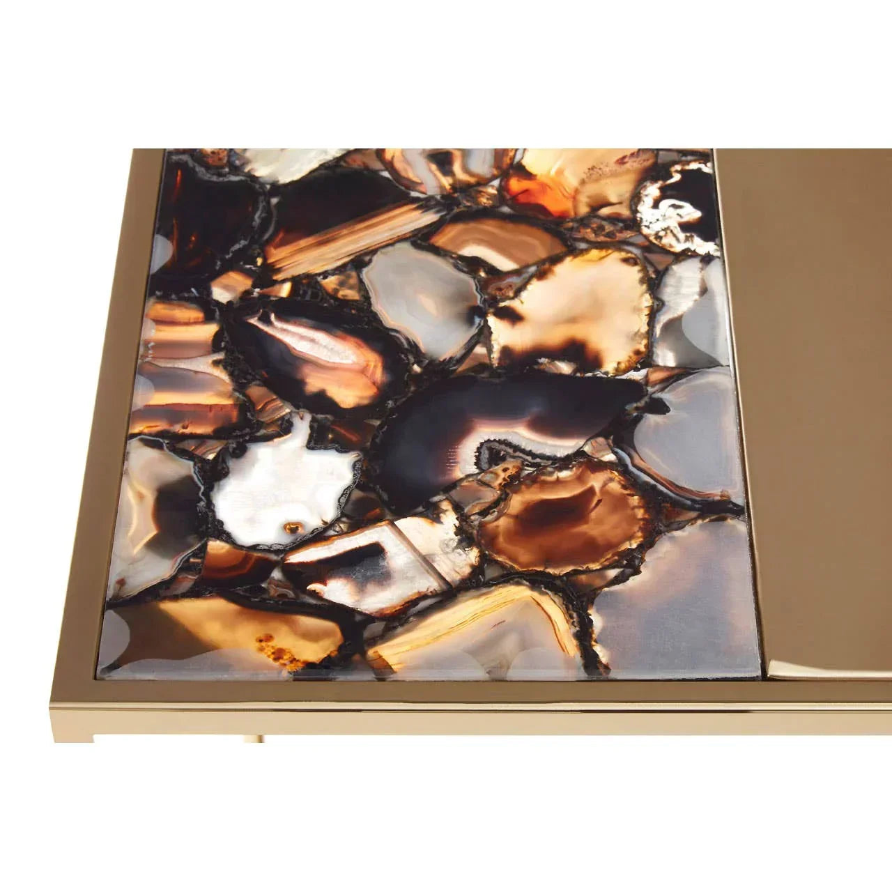 Agate stone coffee table with gold metal frame, close view of polished tabletop