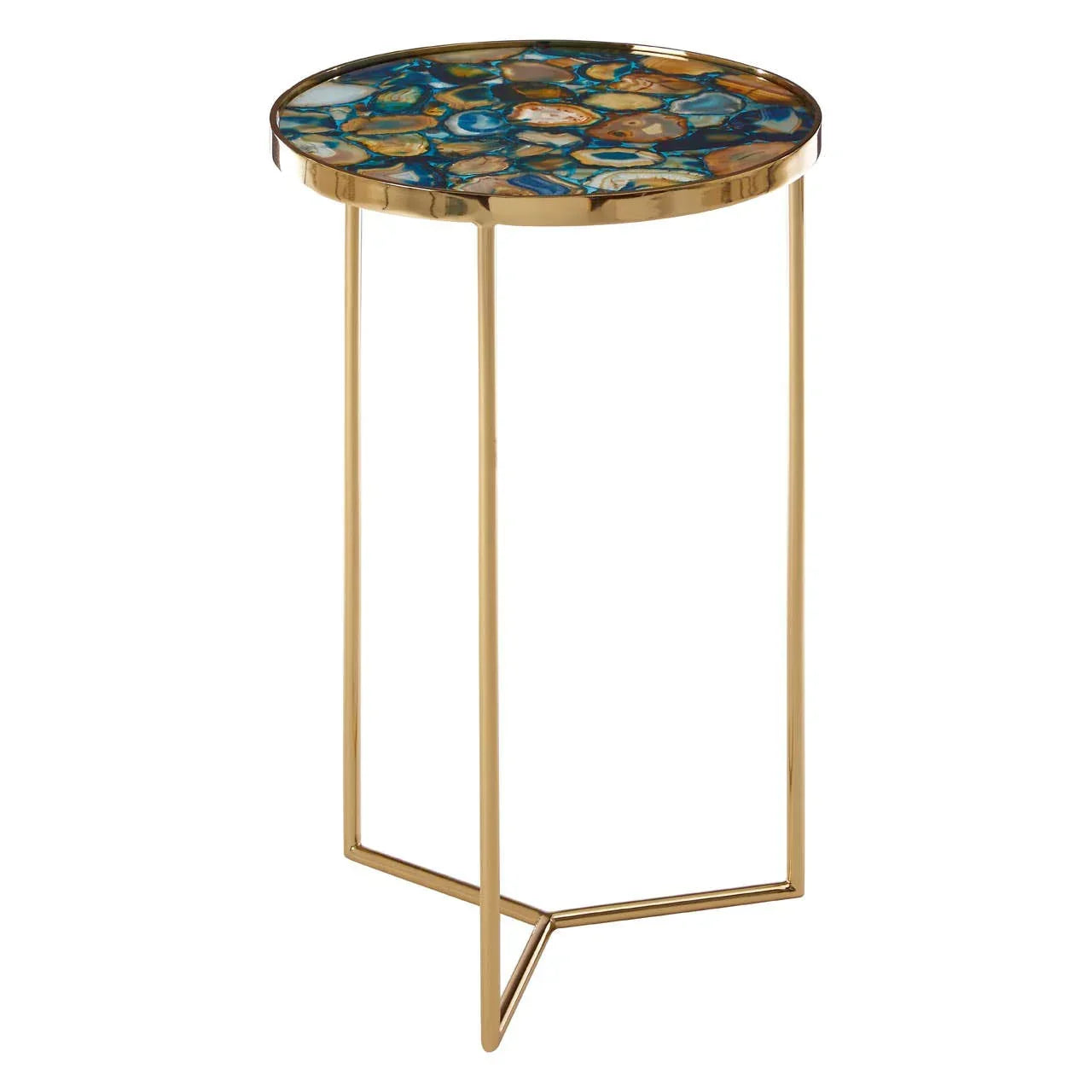 Round accent side table with gold metal frame and blue agate stone tabletop