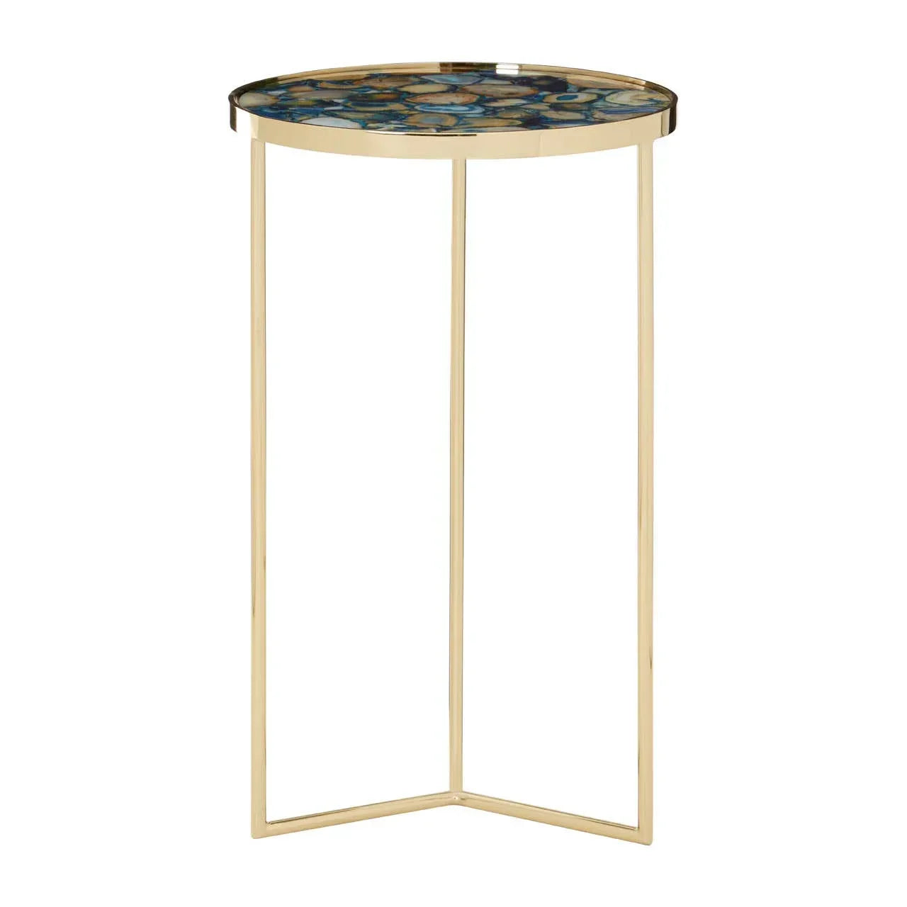 Round gold side table with blue agate top and minimalist metal frame