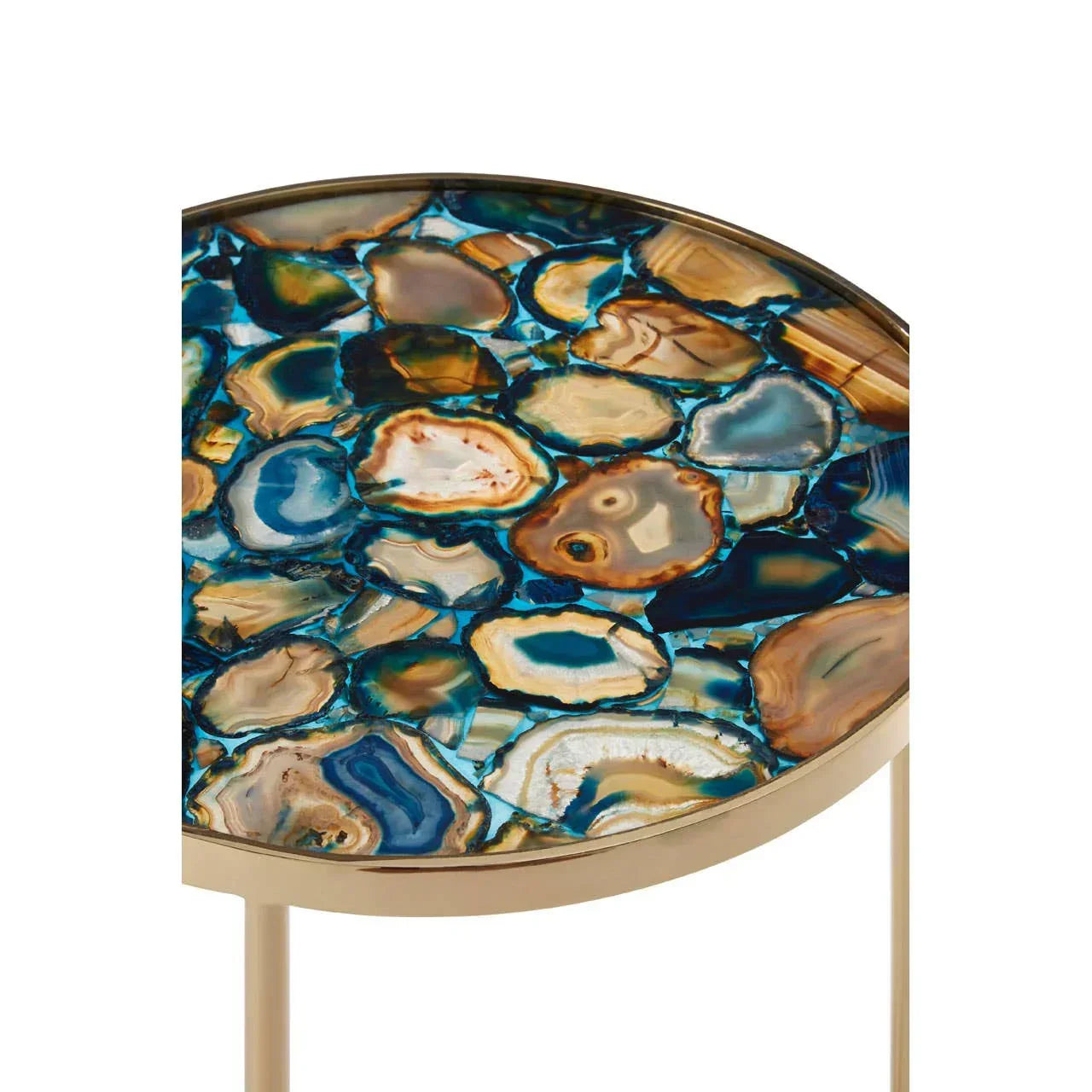 Round side table with blue and brown agate stone top and gold metal frame