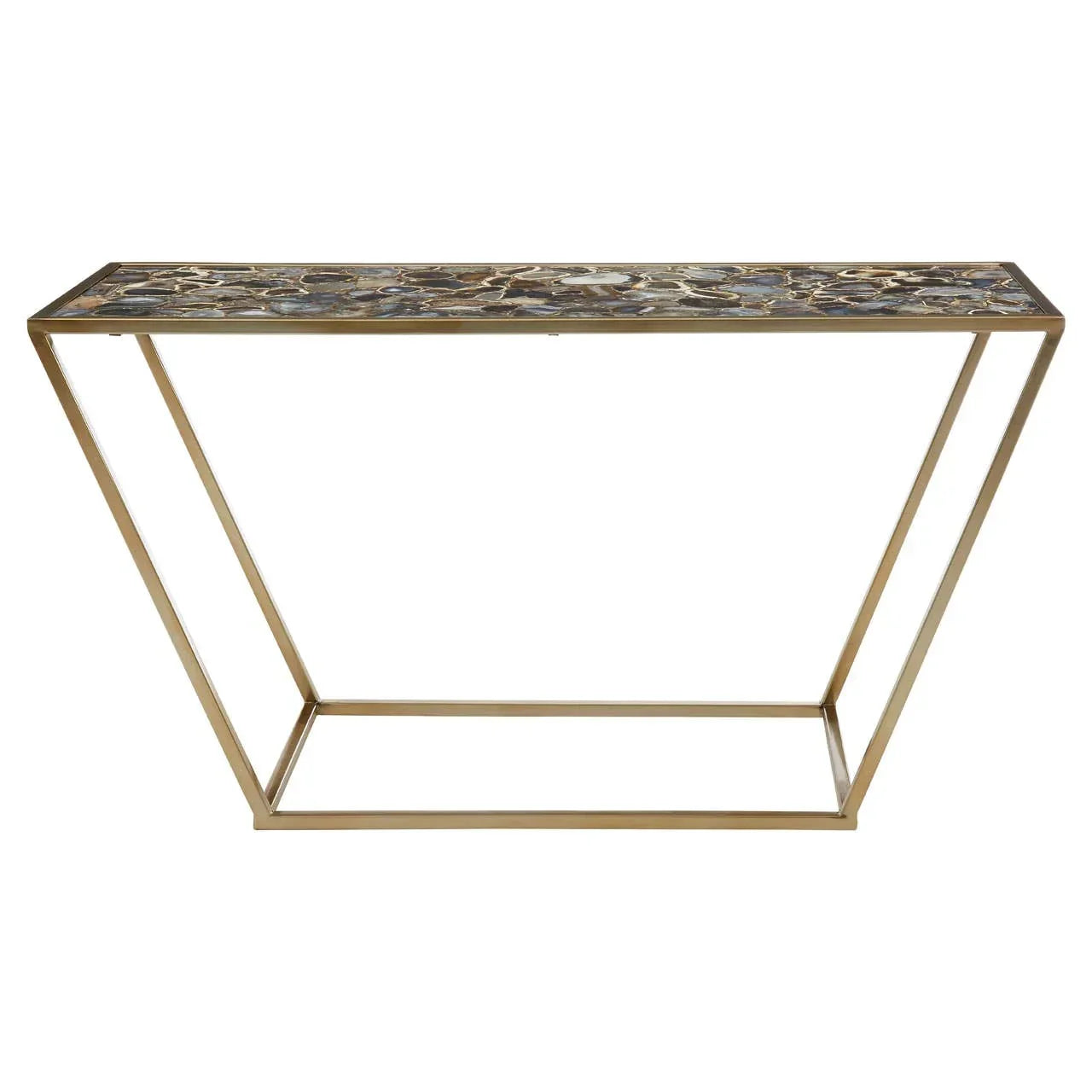 Gold console table with geometric frame and agate stone inlay top