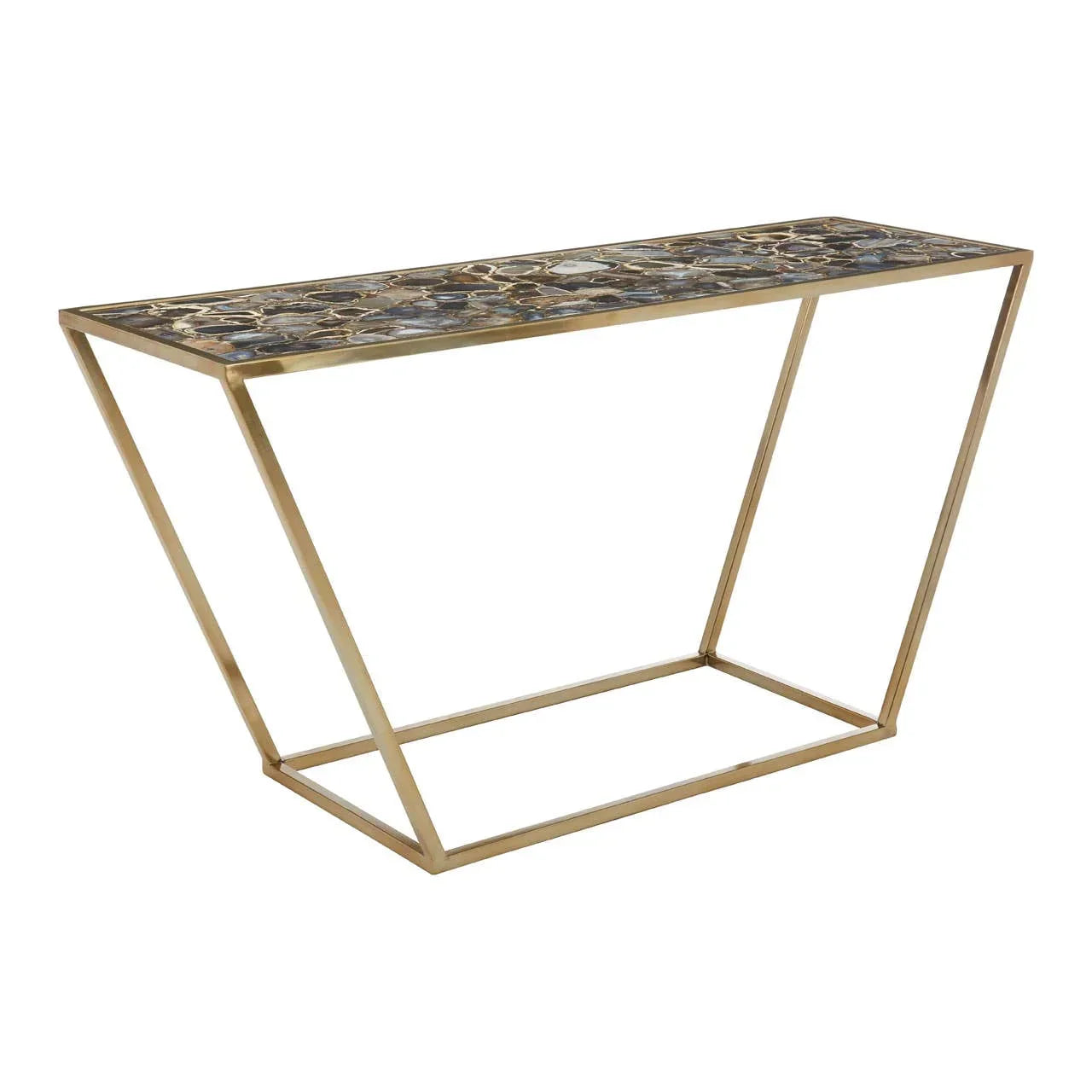 Gold metal console table with geometric frame and multicolored stone top