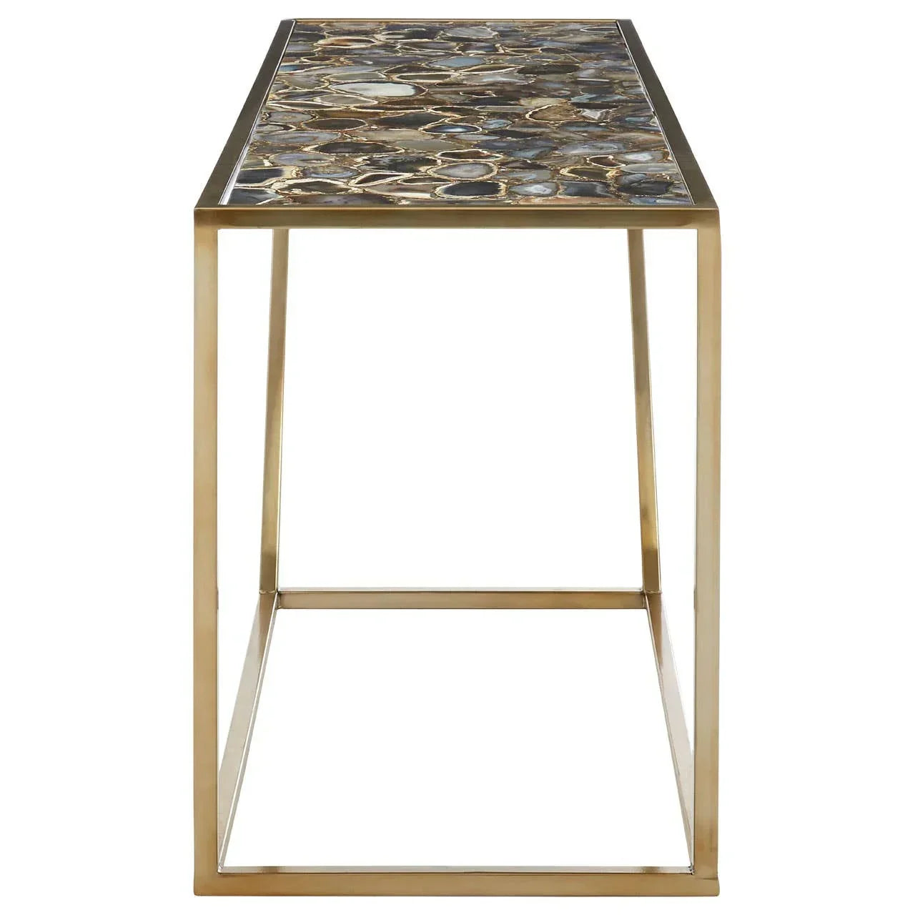 Console table with gold metal frame and agate stone top, side view