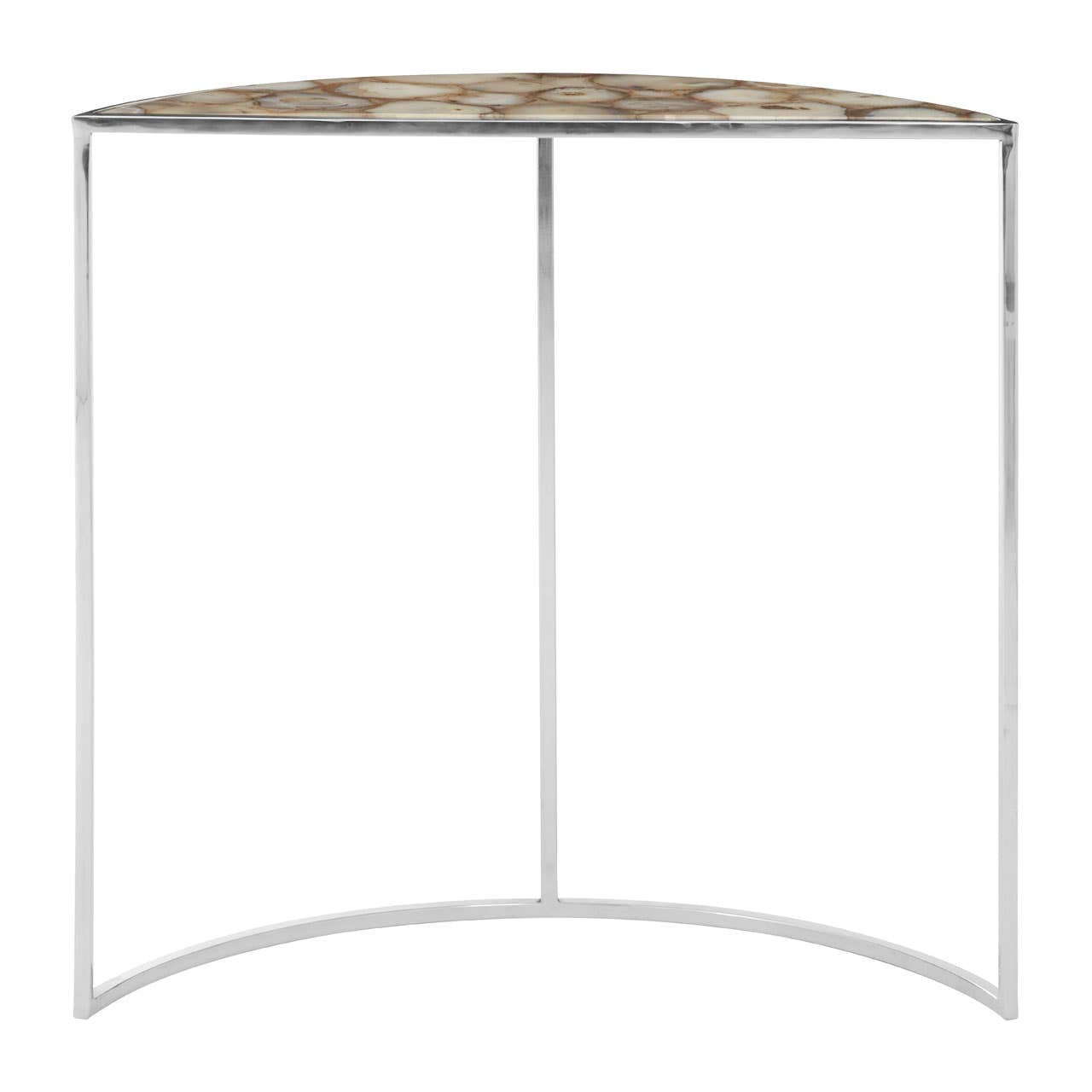Half moon console table featuring a white agate top with natural patterns and a sleek metal frame. The design is modern and minimalist, with a curved front and two vertical supports. The table is suitable for entryways or living spaces, adding a touch of elegance