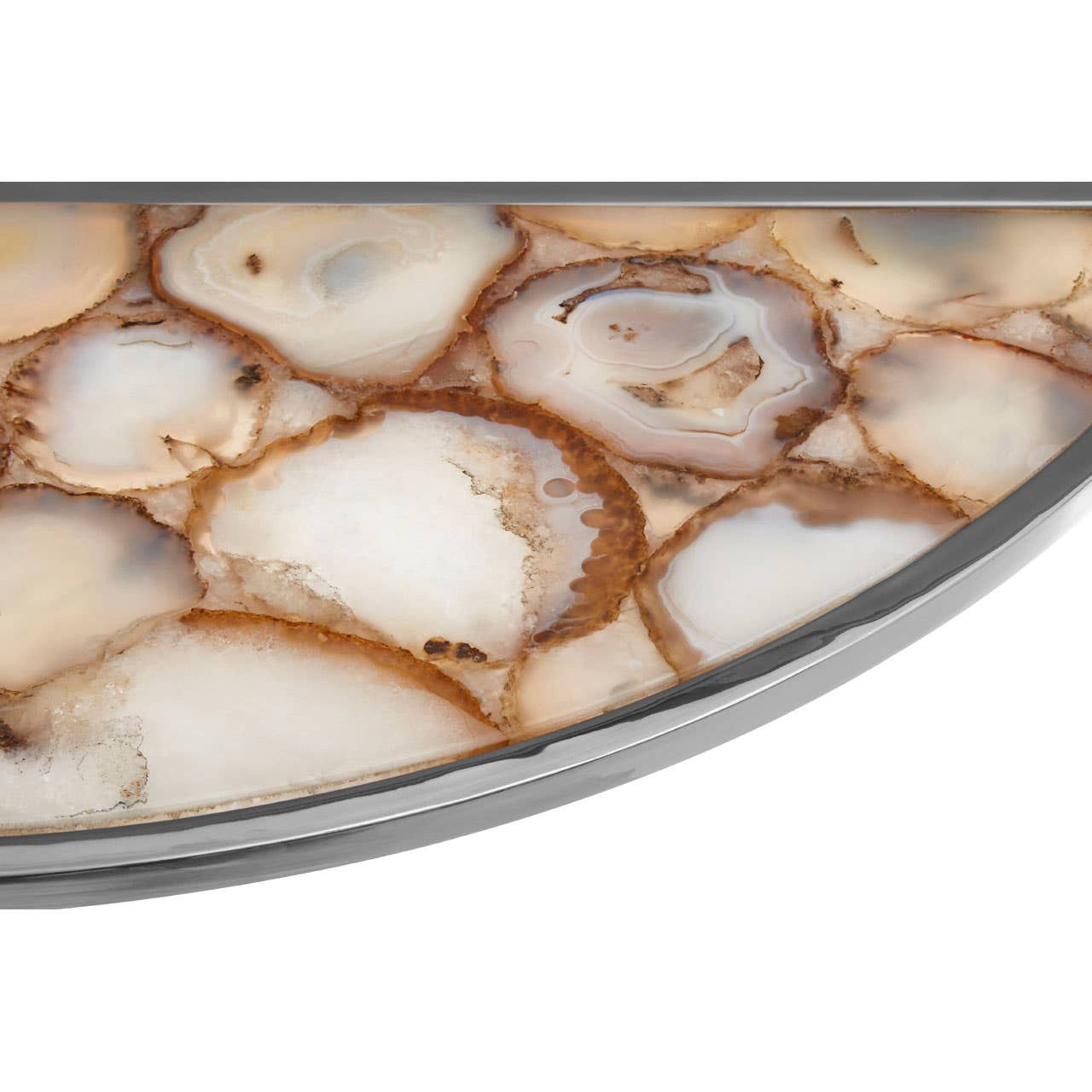 Close-up view of the Vita Half Moon Console Table featuring a smooth white agate top with natural patterns and textures, complemented by a sleek metallic edge. The agate displays shades of cream and light brown, creating an elegant and modern aesthetic