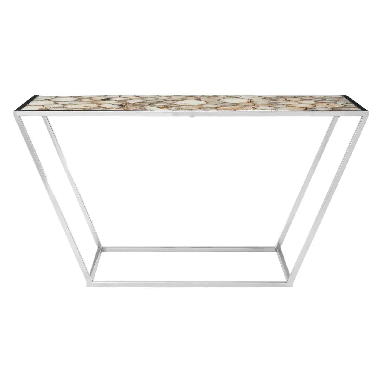 Marble top console table with slim silver metal frame and geometric base
