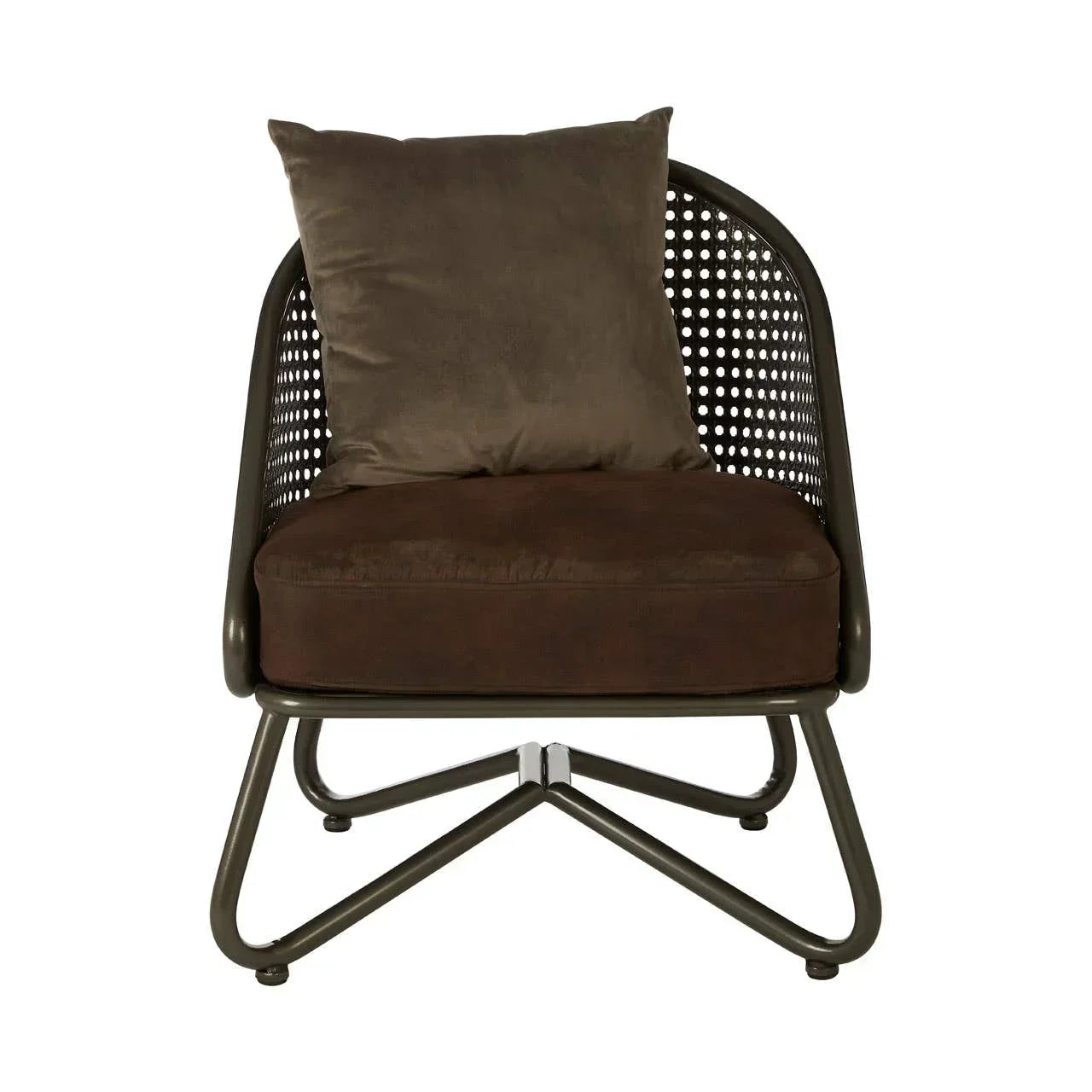 Brown metal frame accent chair with mesh back and dark brown seat cushion