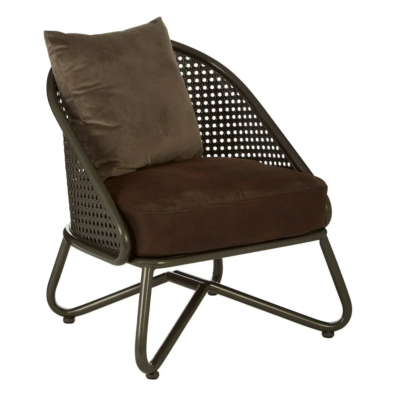 Brown metal accent chair with mesh backrest and cushioned seat