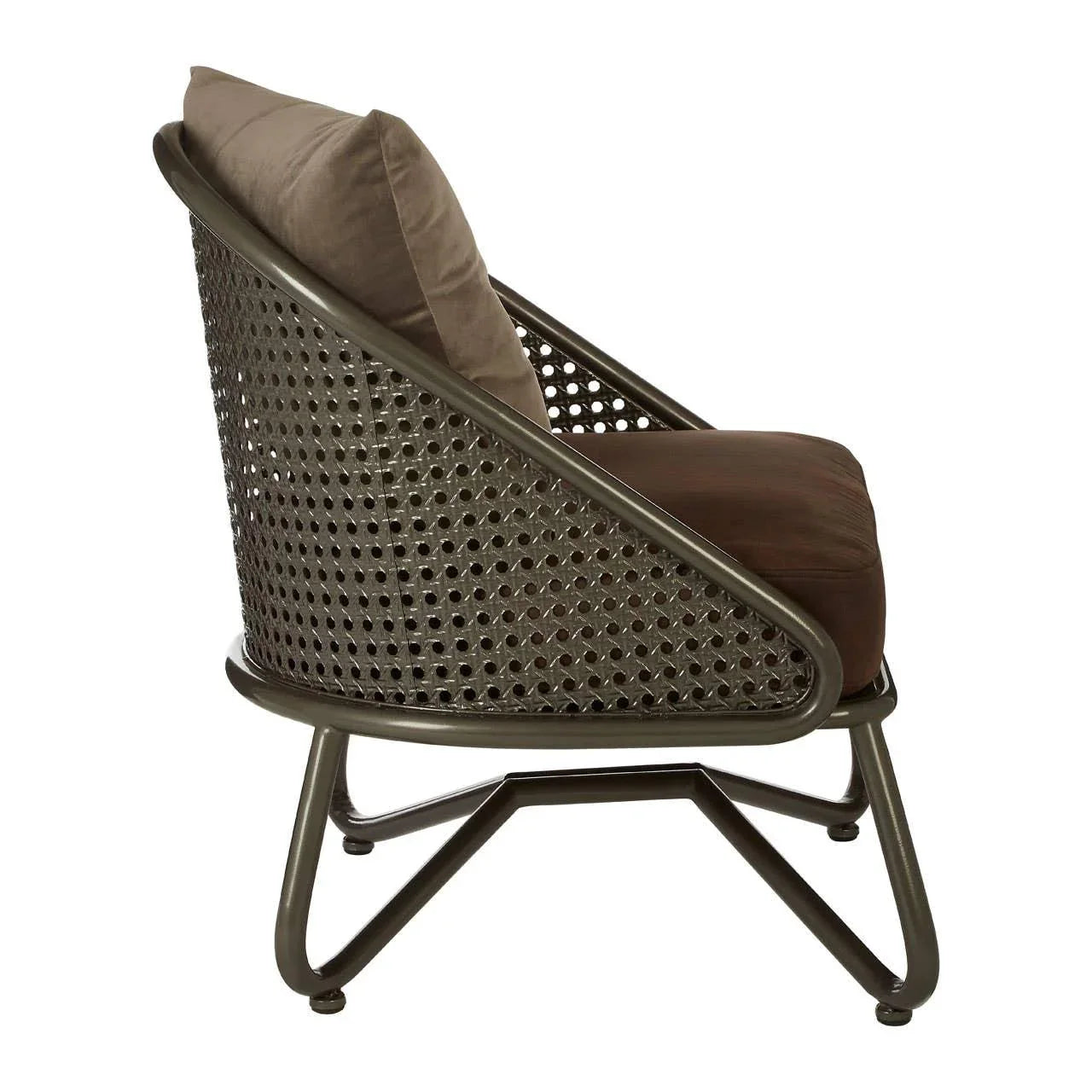 Brown rattan lounge chair with metal frame and side view of cushioned seat and backrest